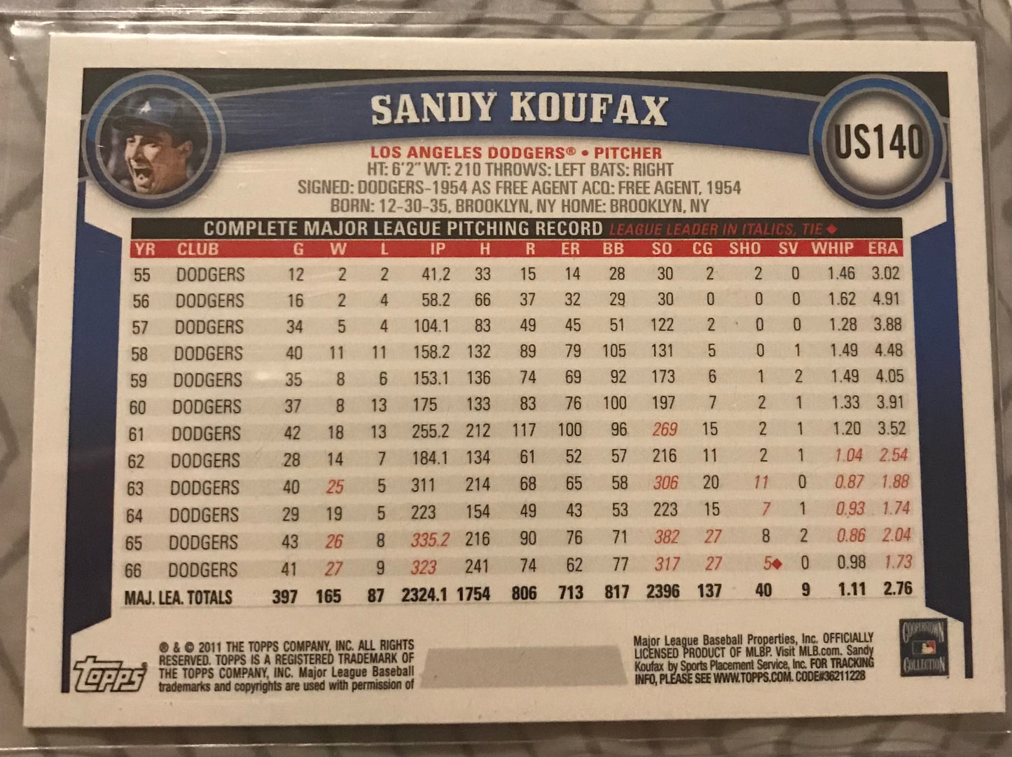 2011 Topps Update Diamond anniversary cognac parallel Sandy Koufax US140