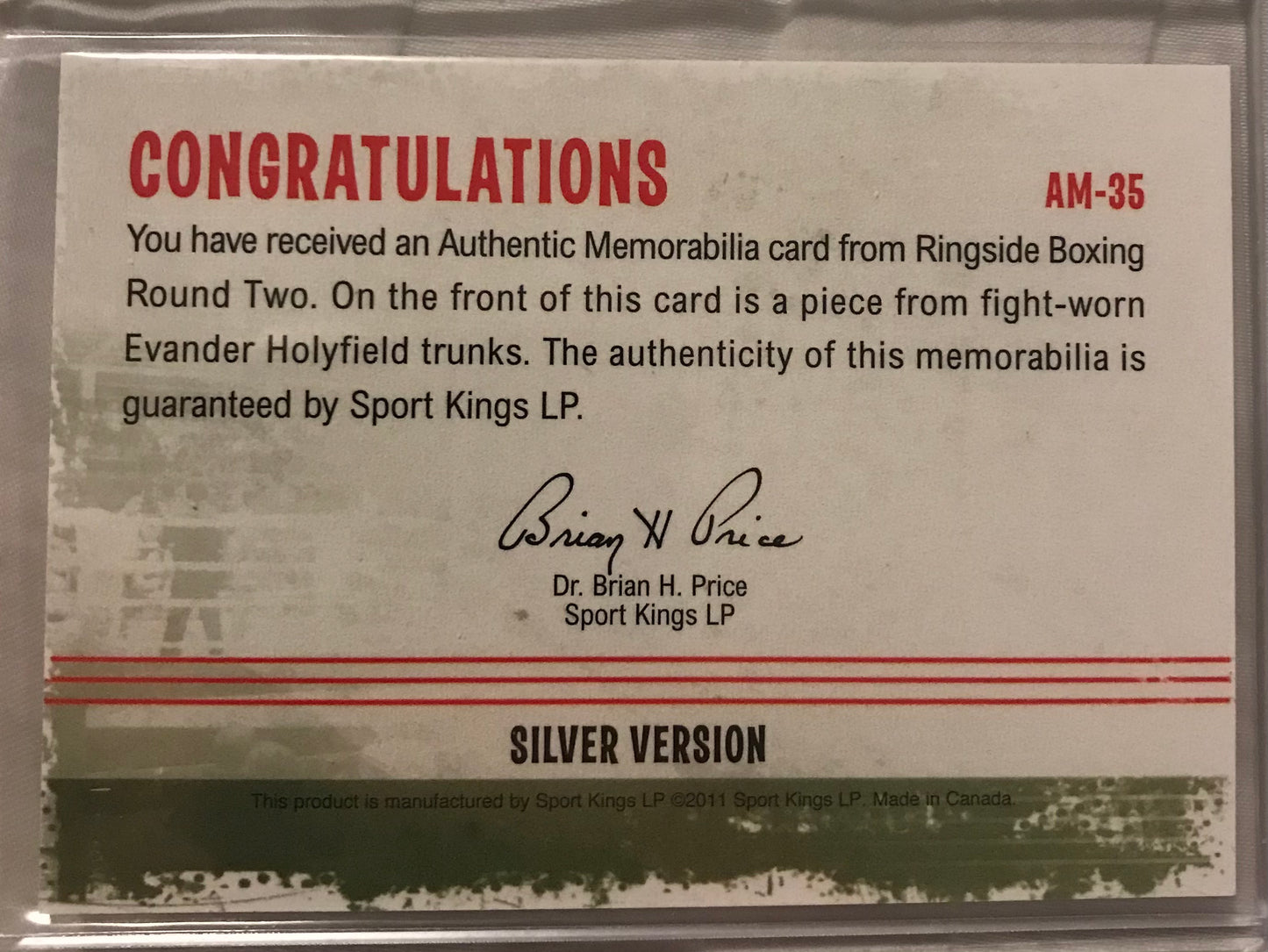 Ringside boxing round 2 Evander Holyfield trunks relic AM-35 /78