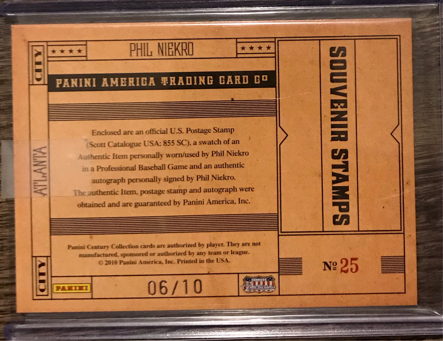 2010 Panini Donruss Americana Phil Niekro Autograph With Souvenir Stamp (1939) 6/10