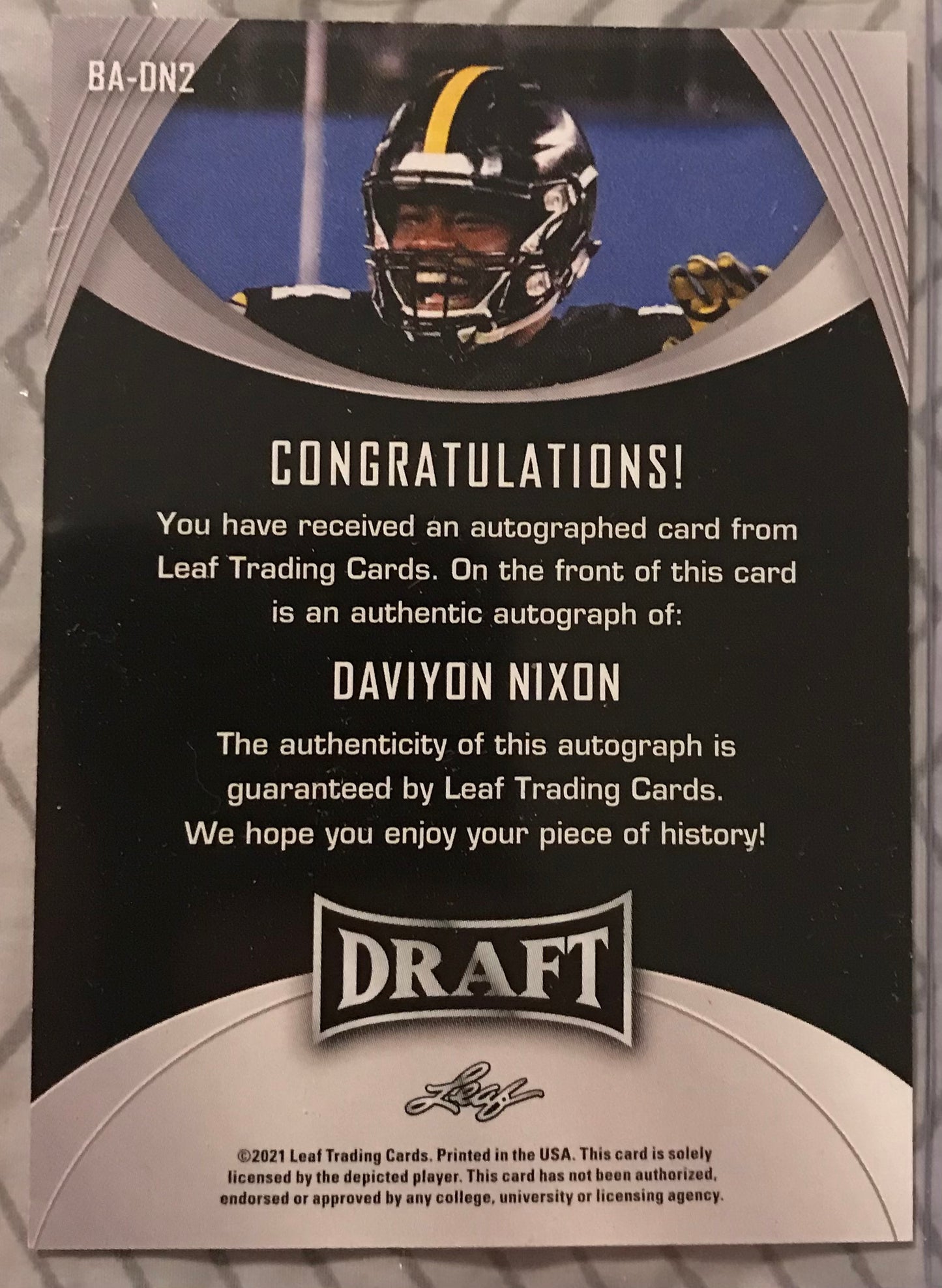 Daviyon Nixon Auto Rookie 2021 Leaf Draft Football Card Carolina Panthers rc