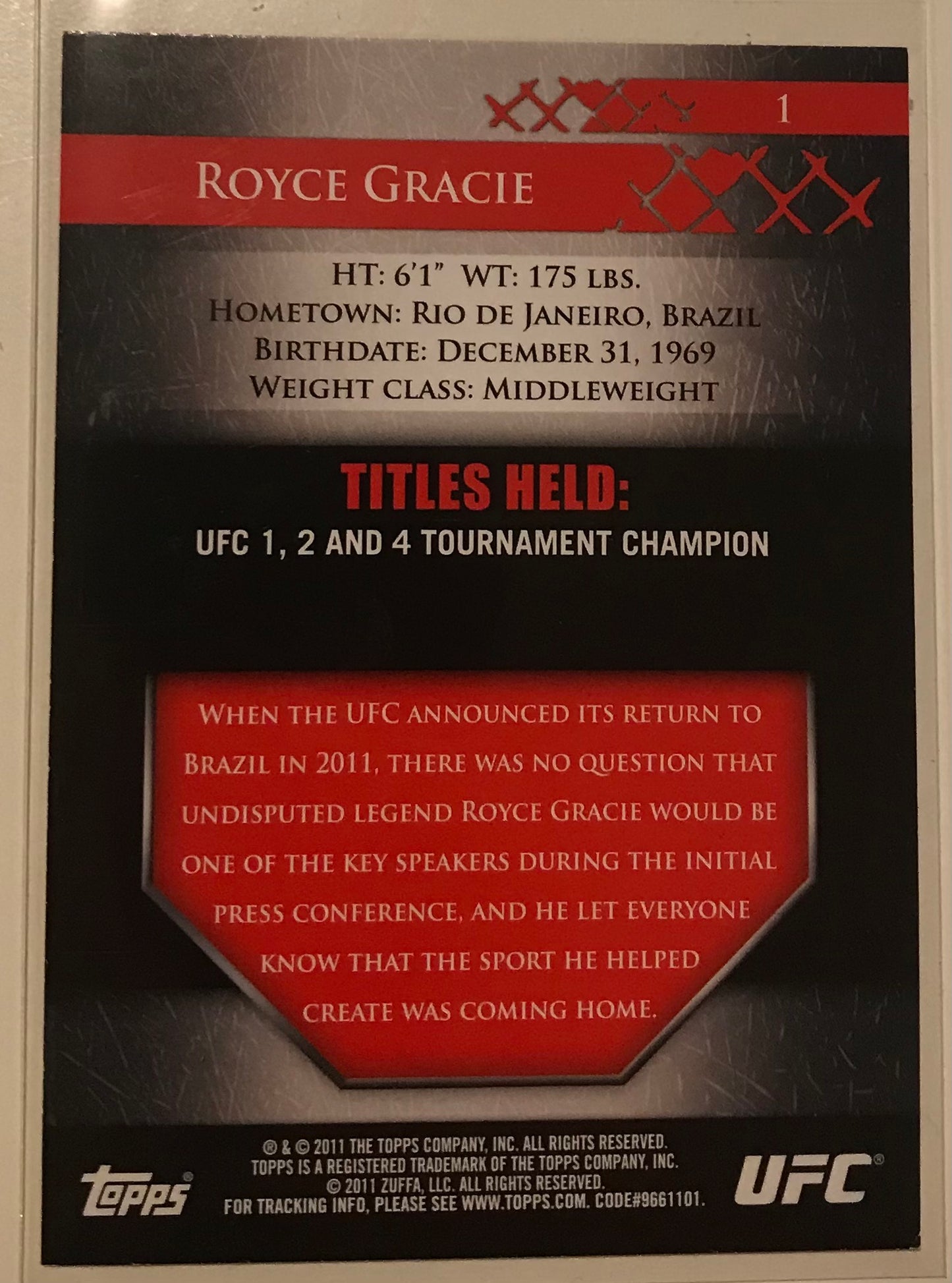 Royce Gracie 2011 Topps UFC Title Shot GOLD Parallel Card #1 MMA