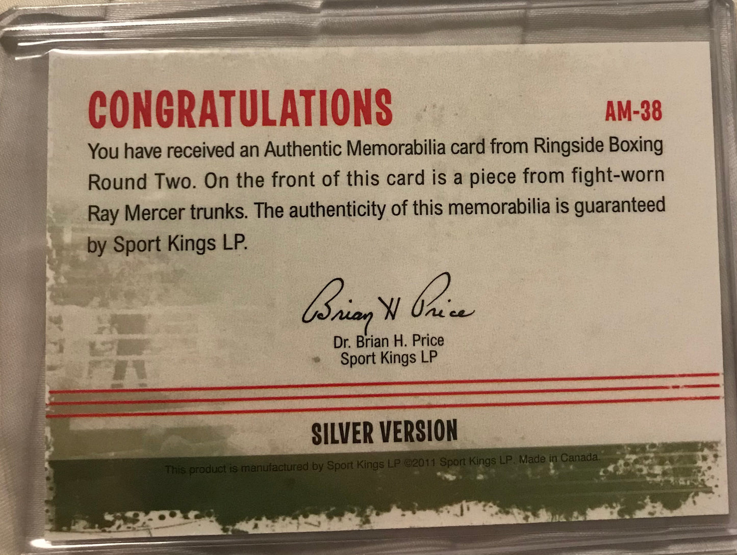 Ringside boxing round 2 Ray Mercer trunks relic AM-38 /78