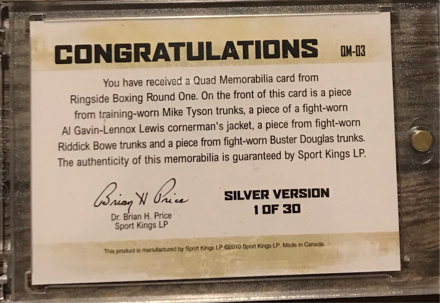 Ringside Boxing Round 1 Quad Memorabilia Silver /30 - Mike Tyson/Lennox Lewis/Buster Douglas/Riddick Bowe QM-03