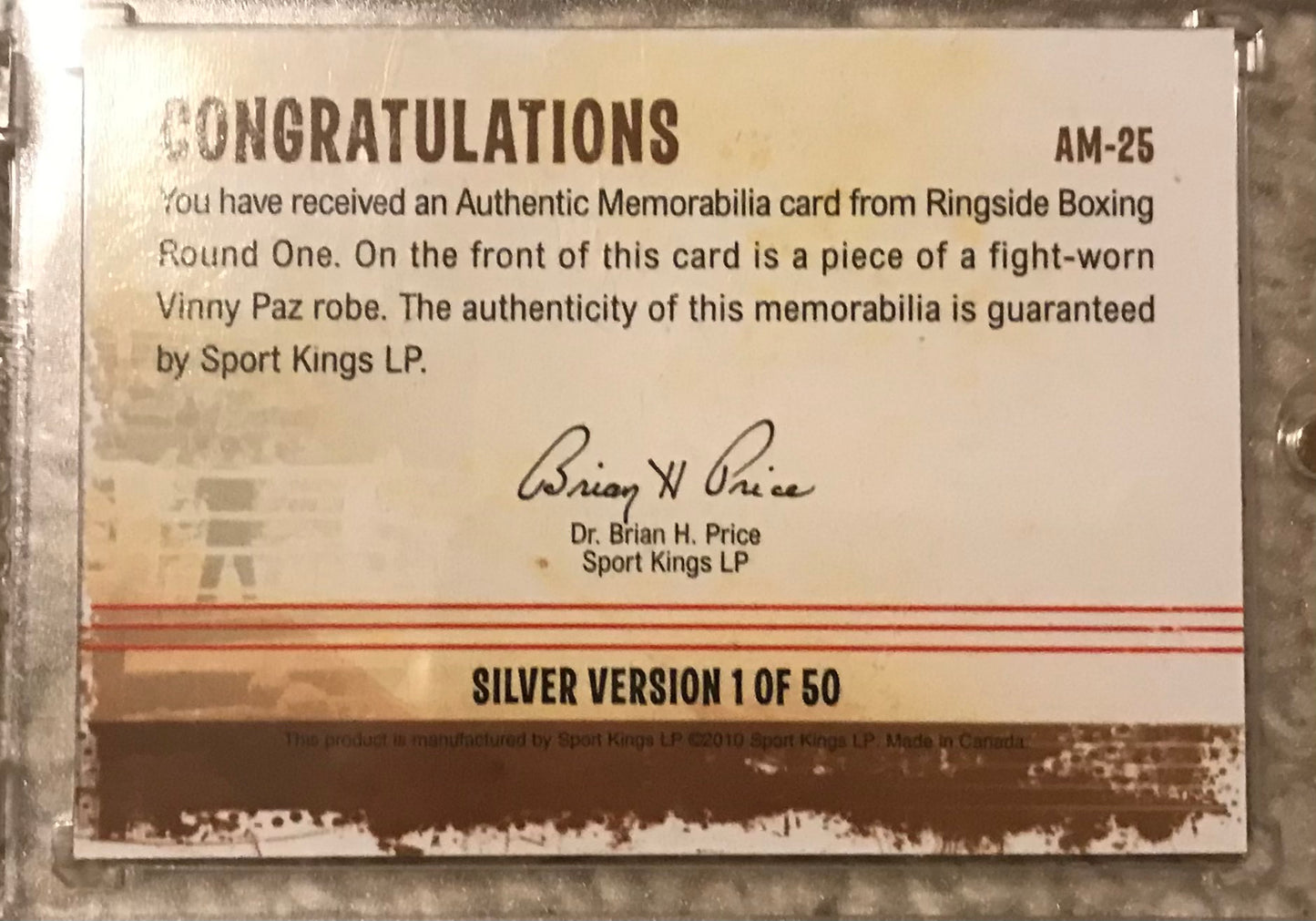 2010 Ringside Boxing Round 1 Vinny Paz Pazienza Authentic Memorabilia AM-25 Fight worn robe silver version 1 of 50