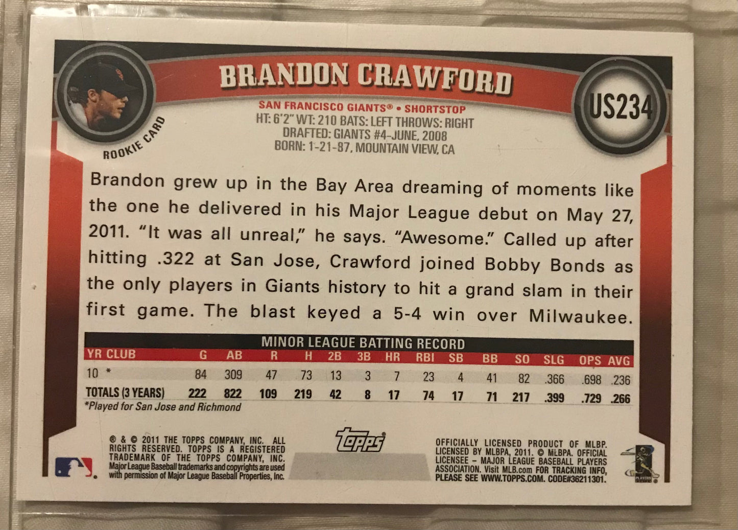 2011 Topps Update Brandon Crawford #US234 rookie rc