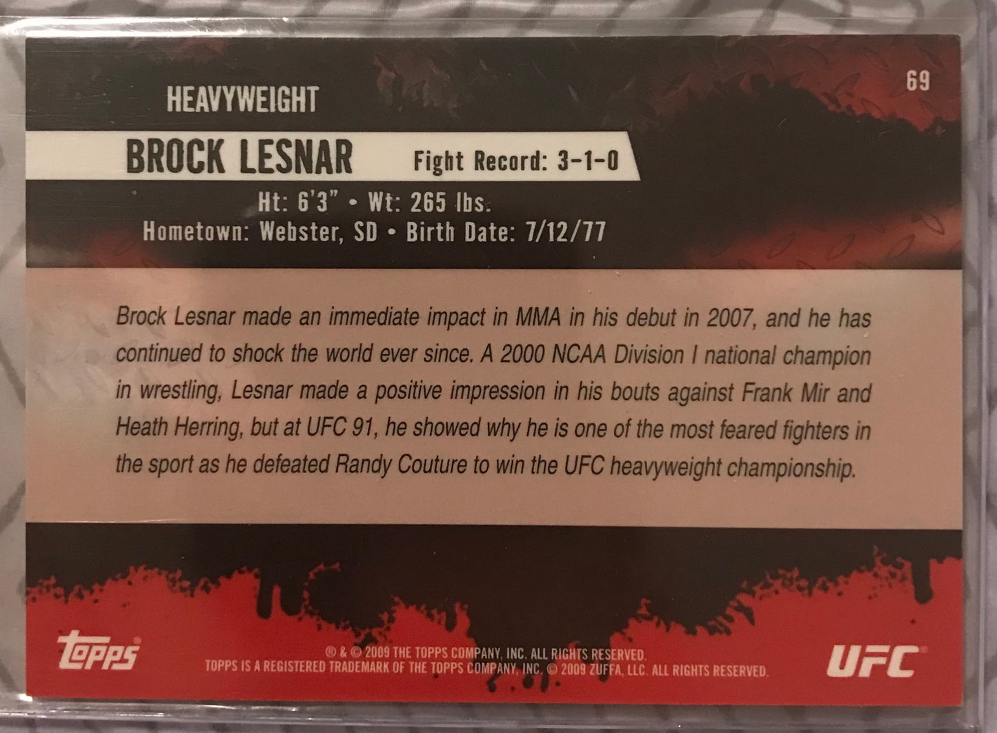 Topps UFC 2009 Round 2- Brock Lesnar #69 thick gold parallel sp