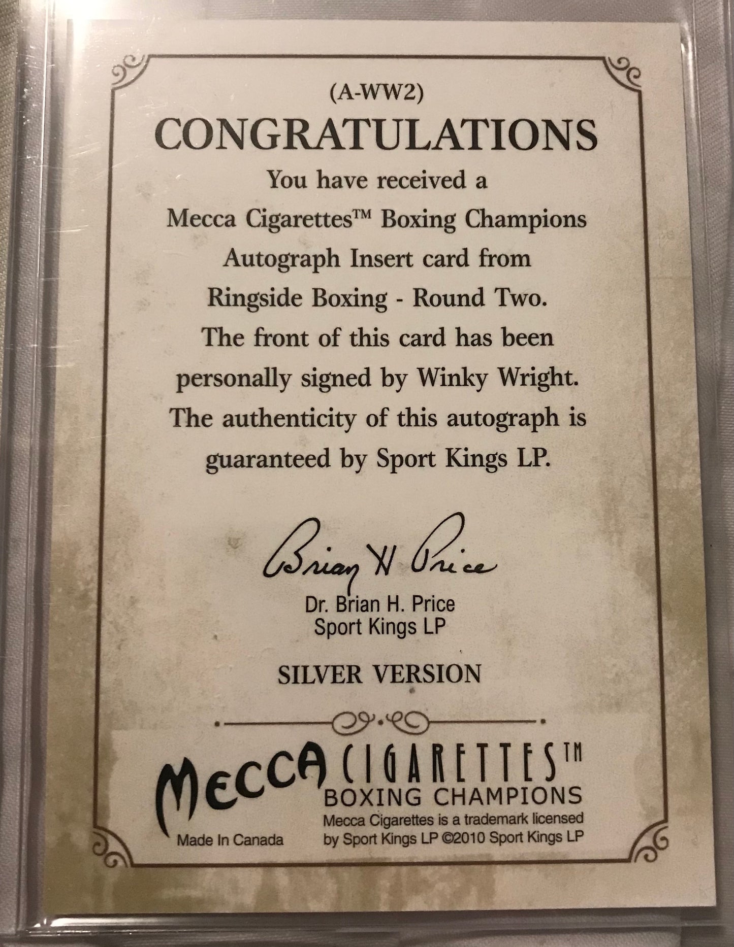 Ringside boxing round 2 Ronald Winky Wright A-WW2 auto /100