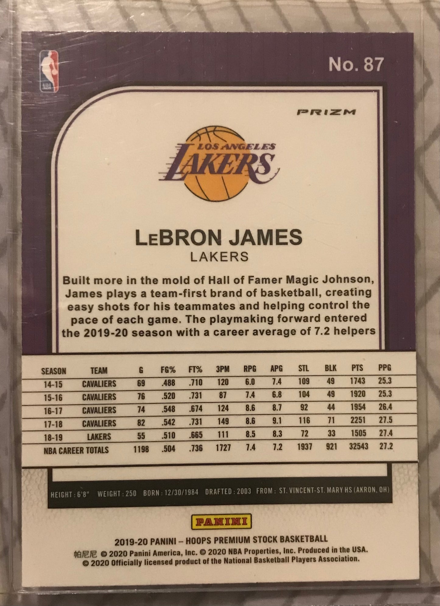 2019-20 NBA HOOPS PREMIUM STOCK LEBRON JAMES SILVER HOLO PRIZM CARD #87