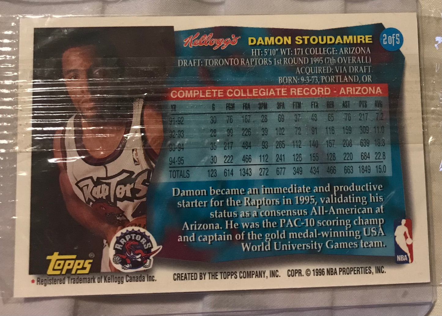 1995-96 Topps Kellogg's Damon Stoudamire #2 of 5 Rookie RC Toronto Raptors
