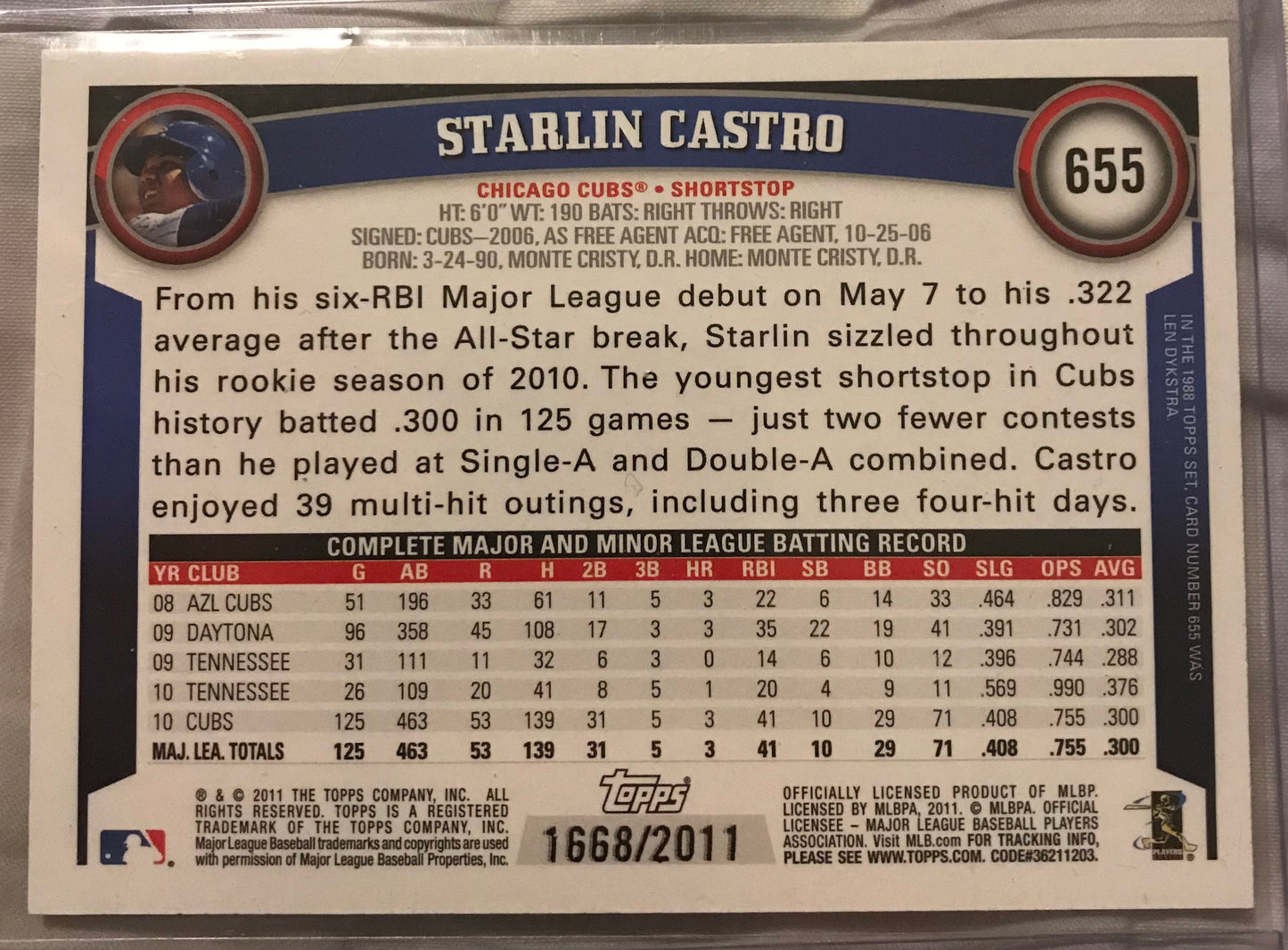 2011 Topps Update gold parallel Starlin Castro #655 1668/2011