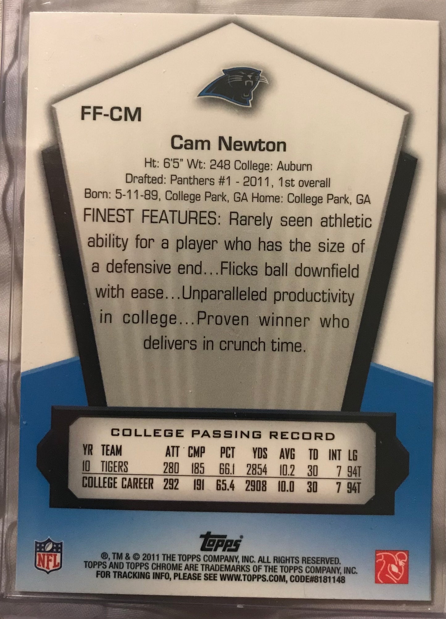 2011 Topps Chrome Cam Newton Rookie #FF-CM finest freshman RC