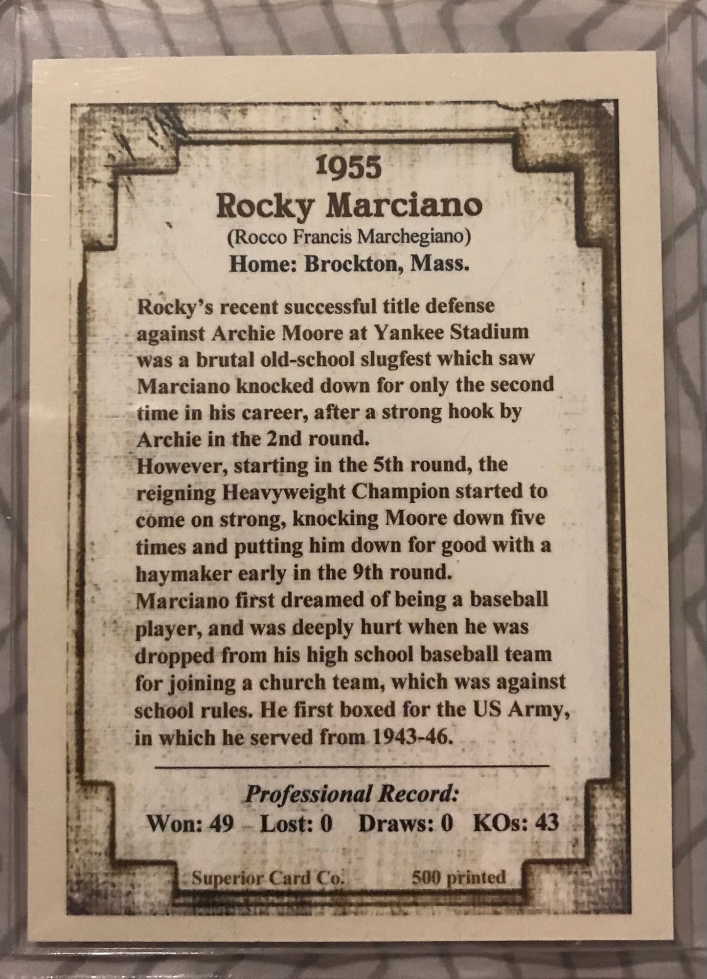 1988 superior cards 1955 Rocky Marciano undefeated /500