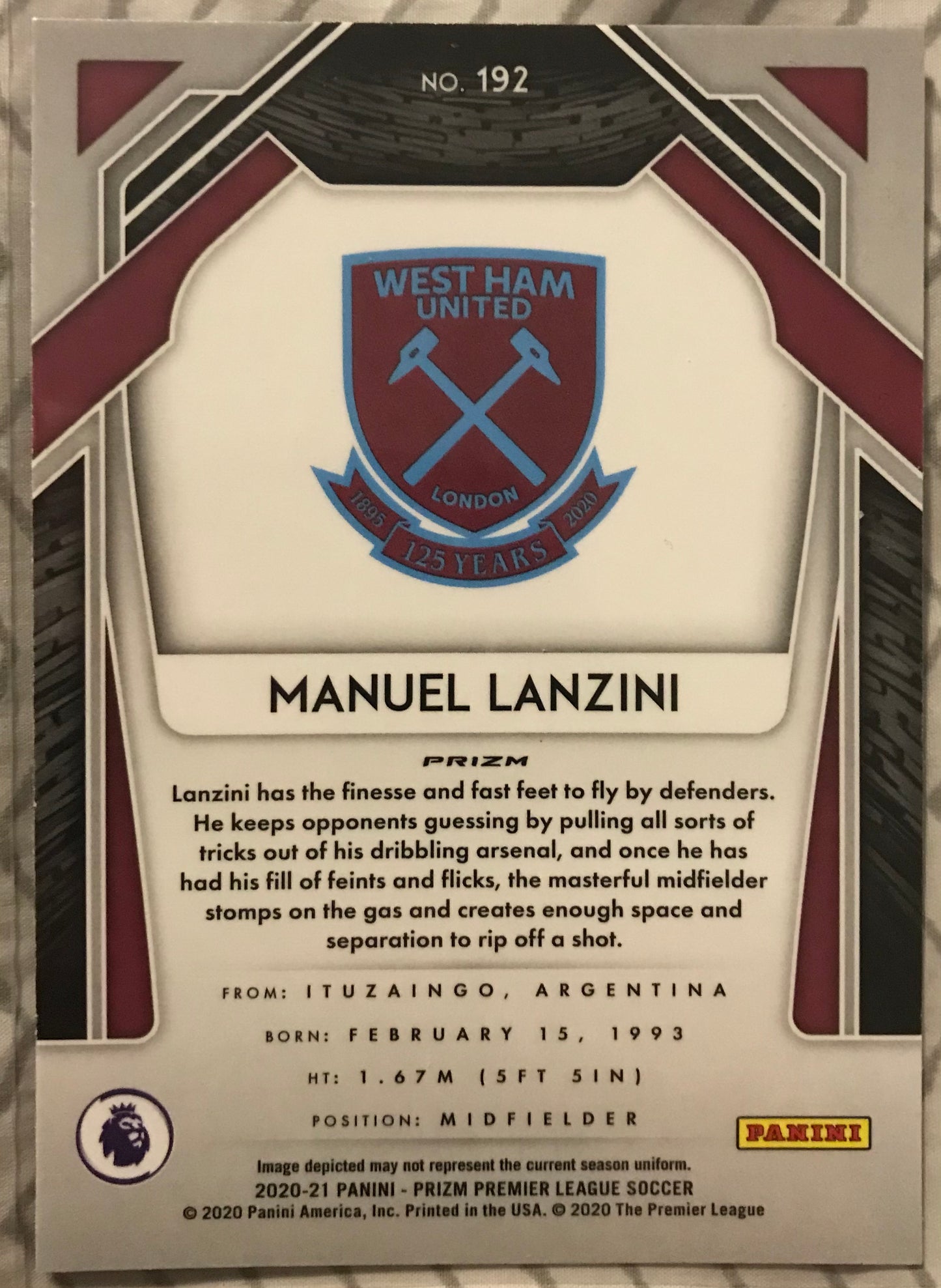 2020-21 PANINI PRIZM PREMIER LEAGUE EPL MANUEL LANZINI RED CRACKED ICE WEST HAM