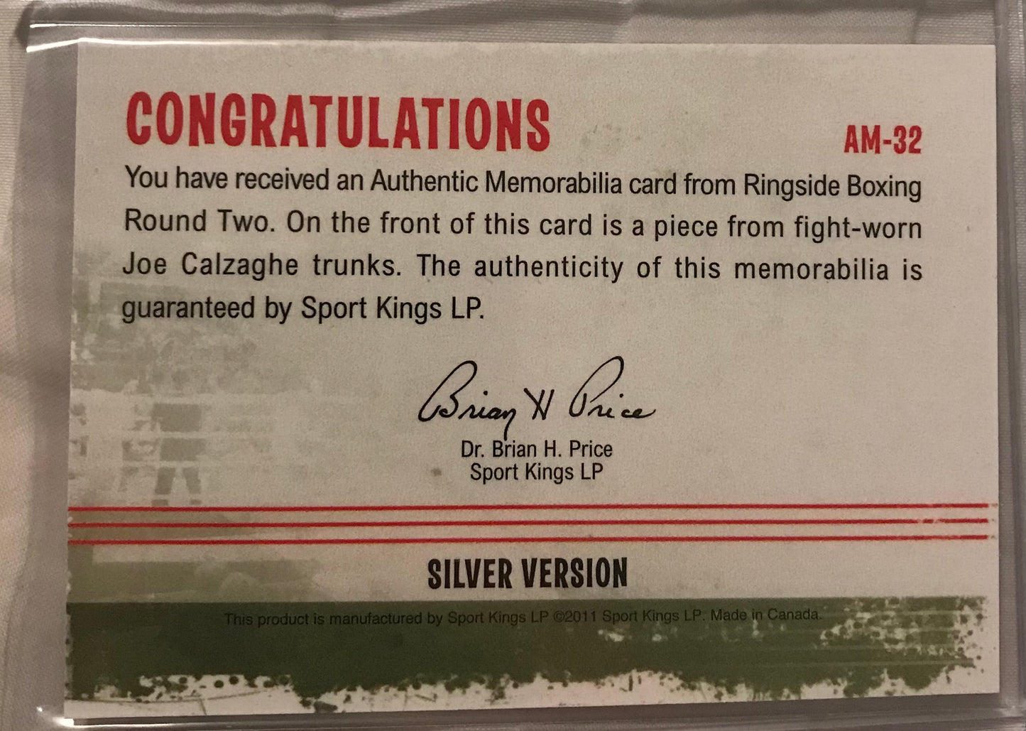 Ringside boxing round 2 Joe Calzaghe trunks relic AM-32 /78