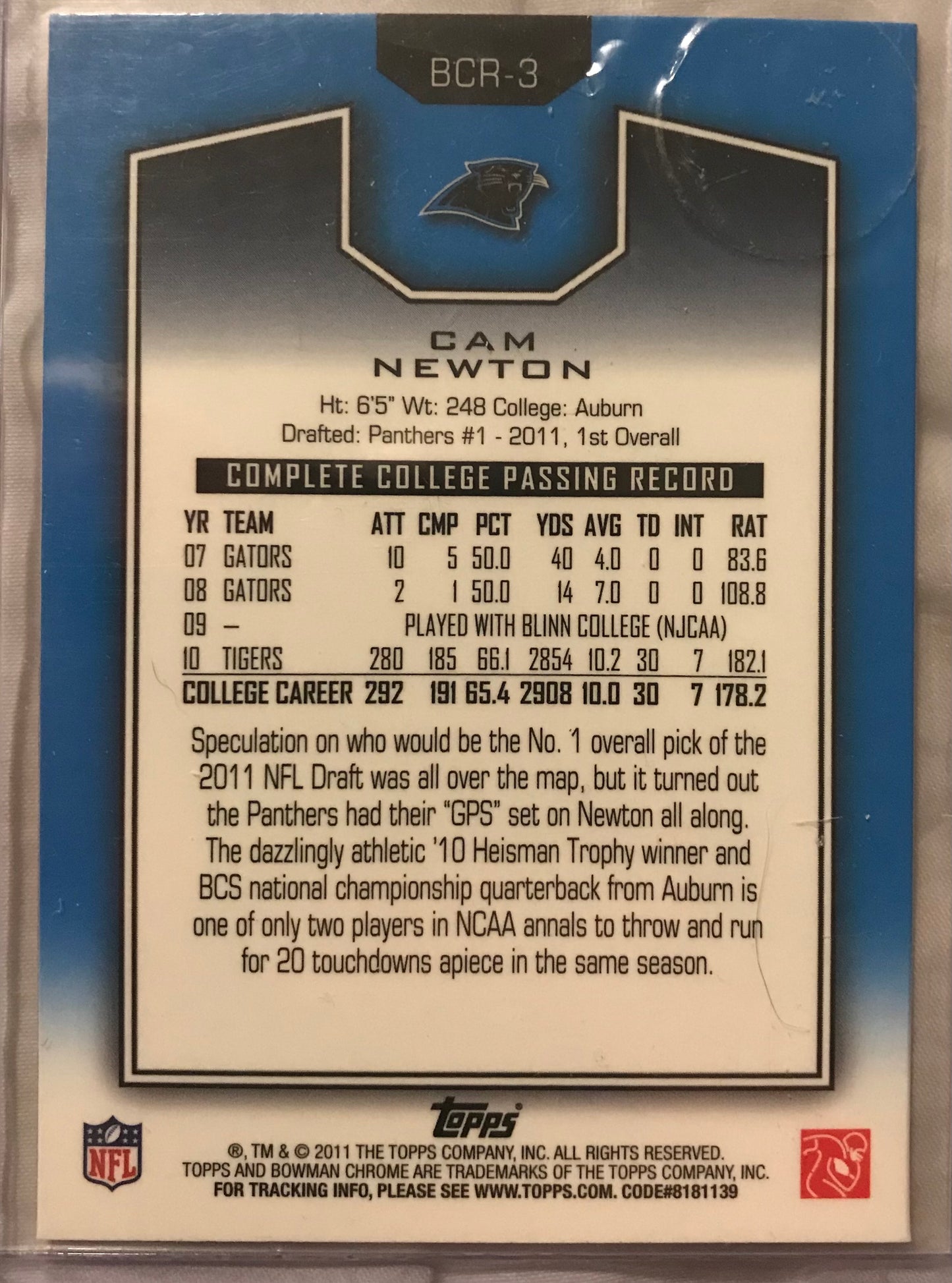 2011 Topps Chrome Cam Newton Bowman Chrome Rookie Gold #BCR-3 RC