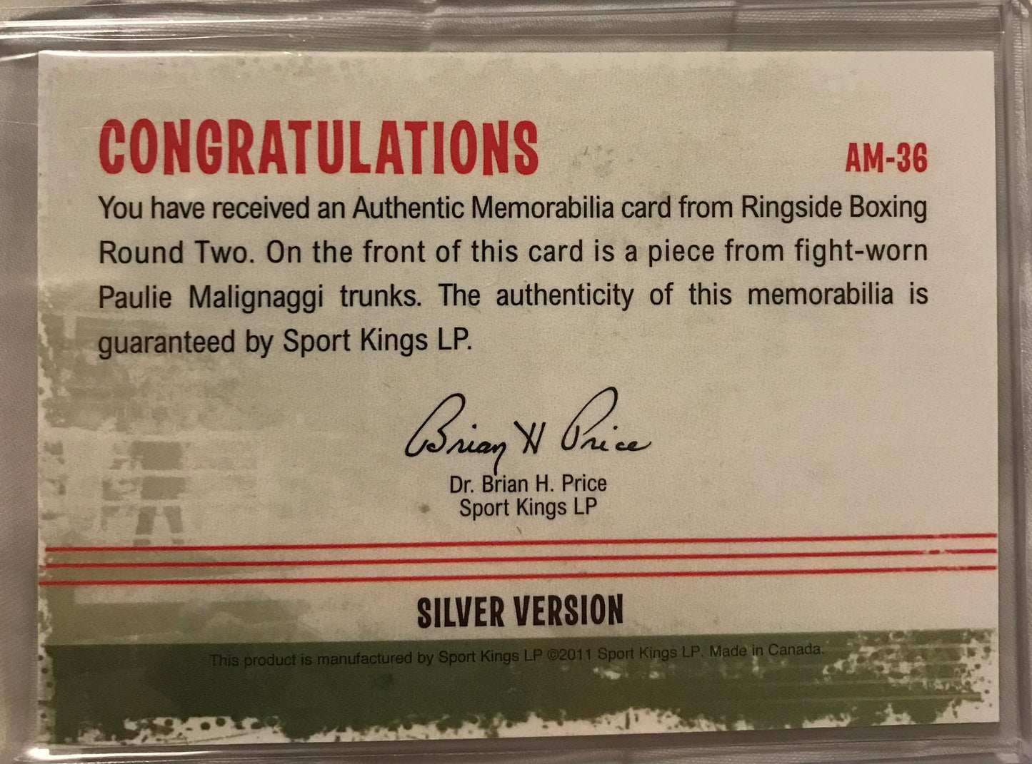 Ringside boxing round 2 Paulie Malignaggi trunks relic AM-36 /78