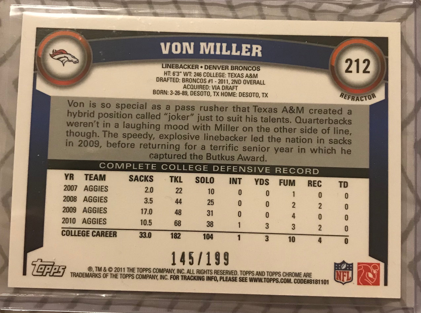 Von Miller 2011 Topps chrome Denver Broncos Rookie #212 blue refractor /199