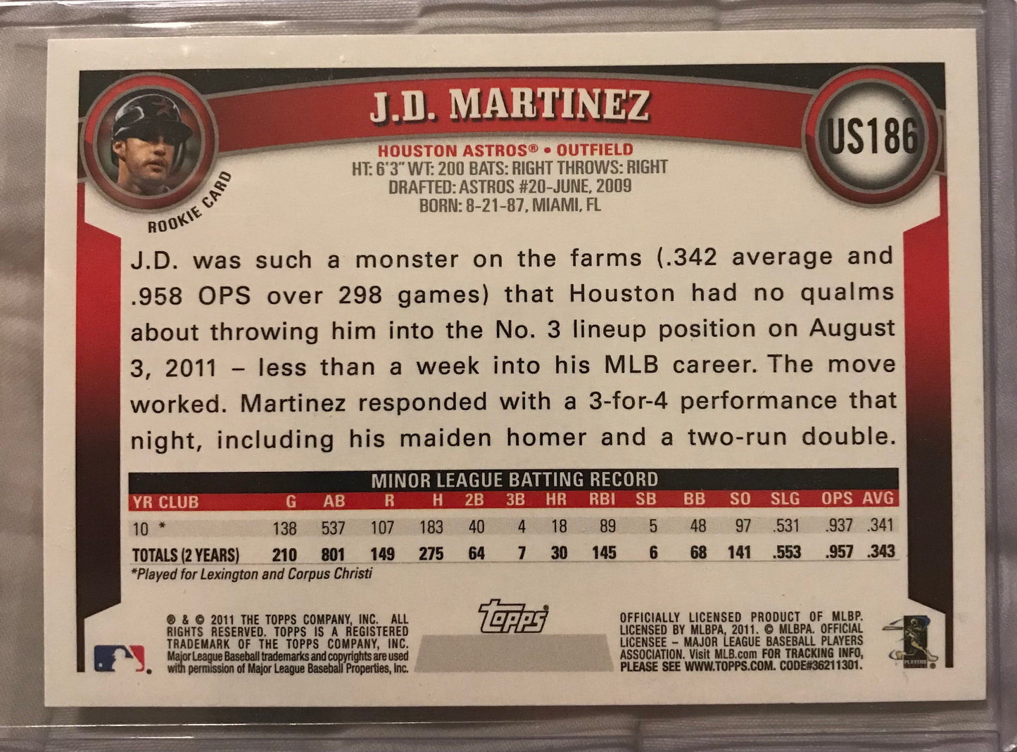 2011 Topps Update JD Martinez #US186 rookie rc
