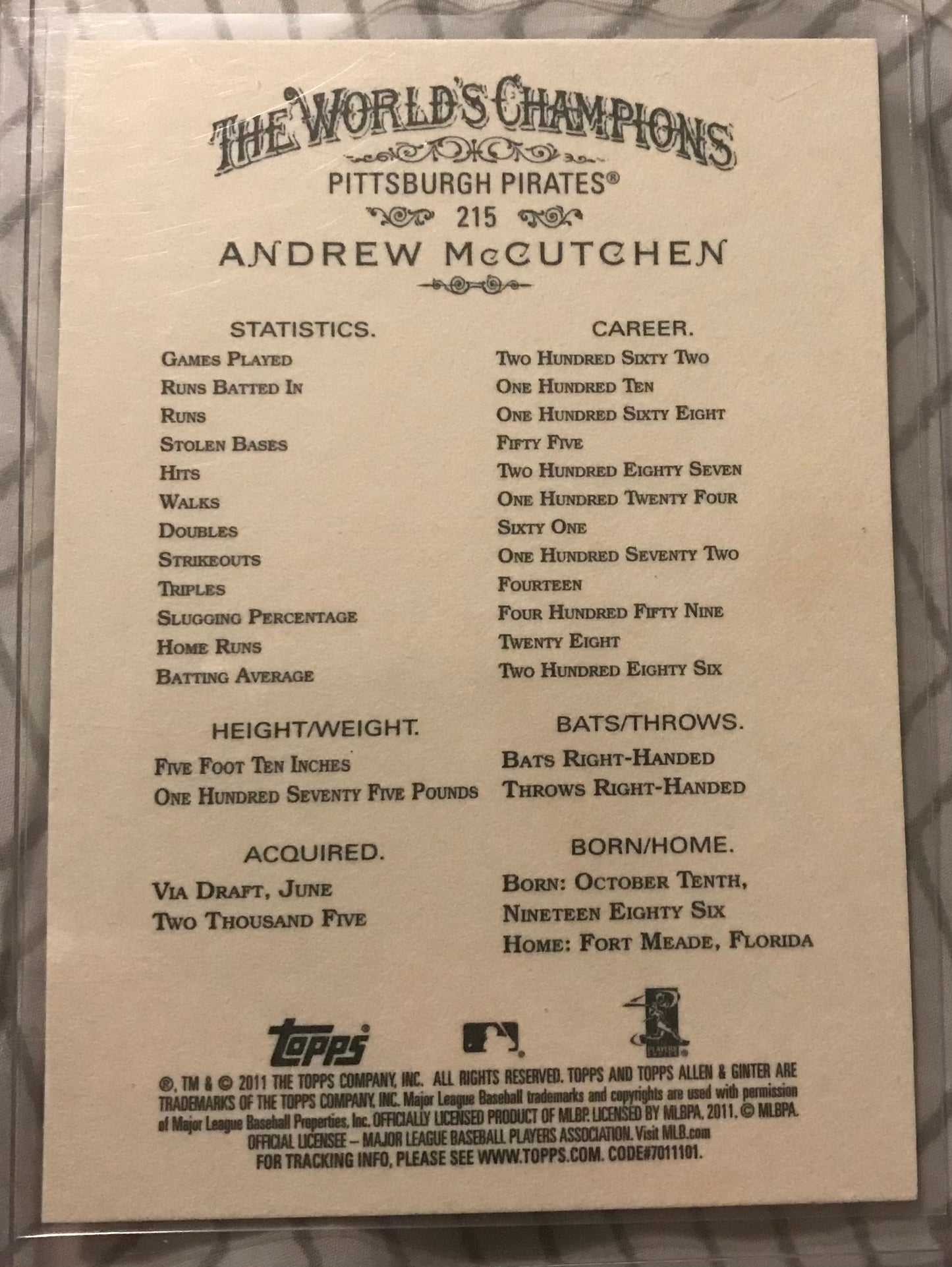 2011 Topps Allen & Ginter Andrew McCutchen code parallel #215