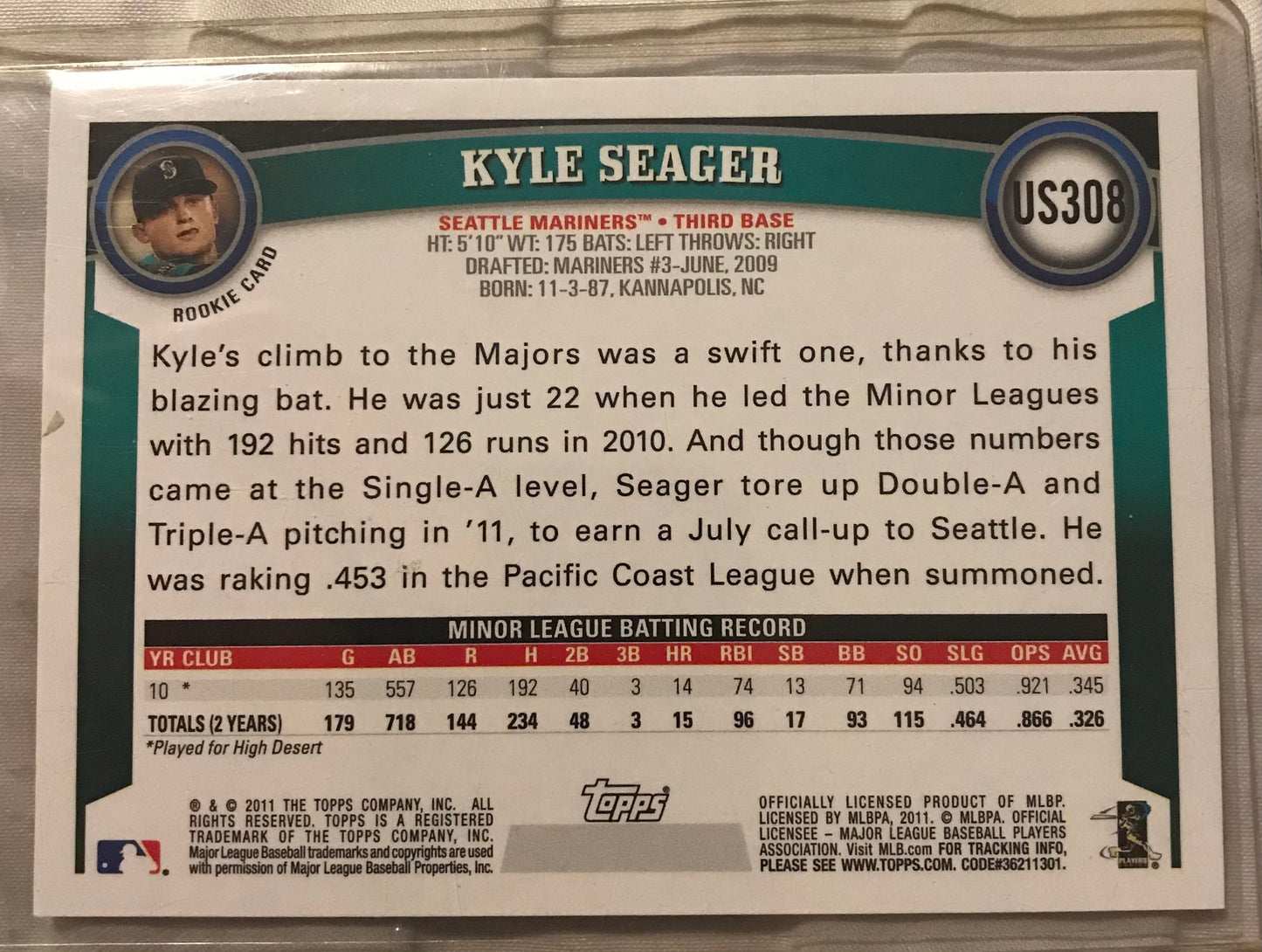 2011 Topps Update Kyle Seager #US308 rookie rc