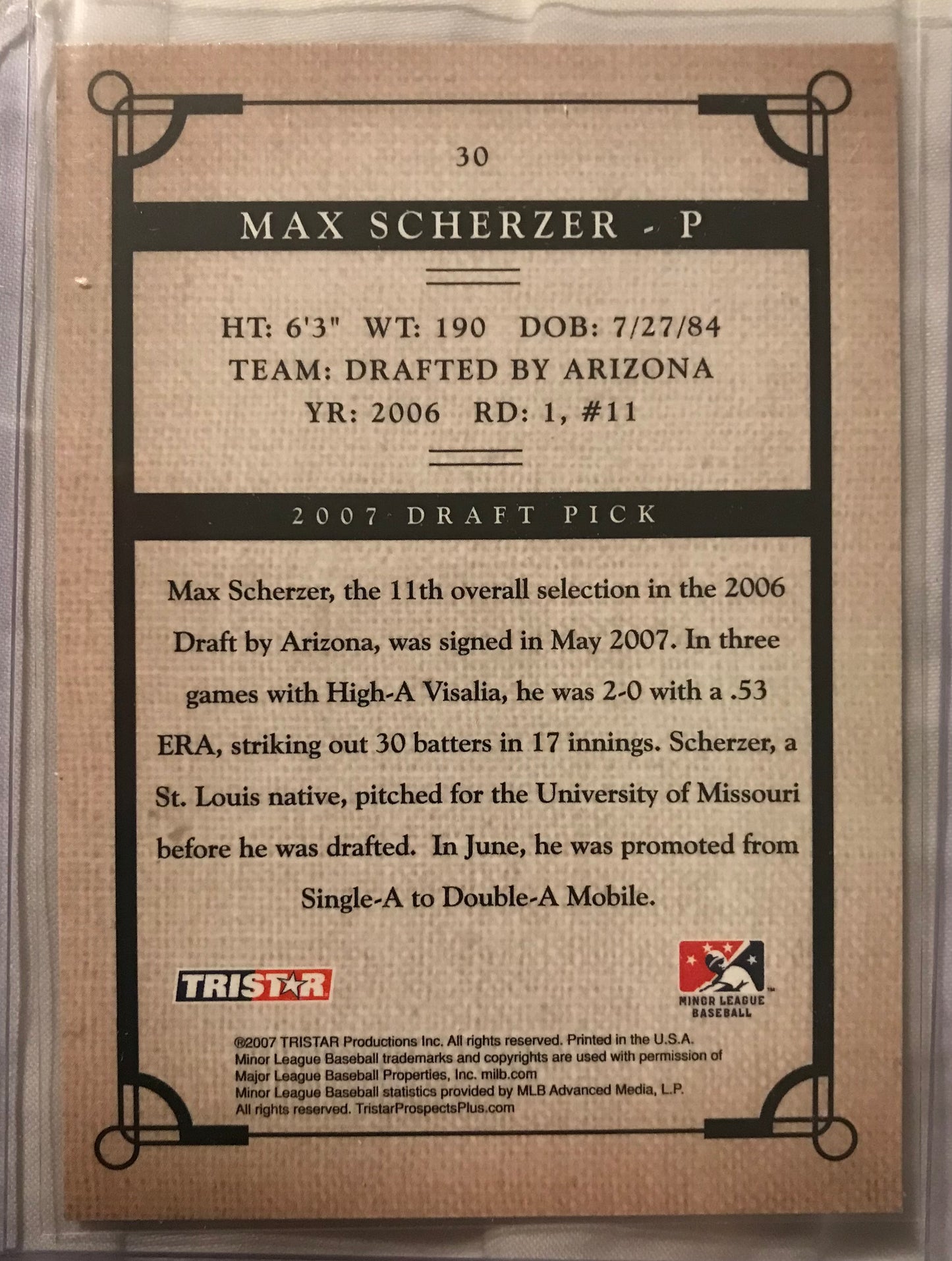 2007 Tristar Prospects Plus Max Scherzer RC #30 Washington Nationals rookie rc