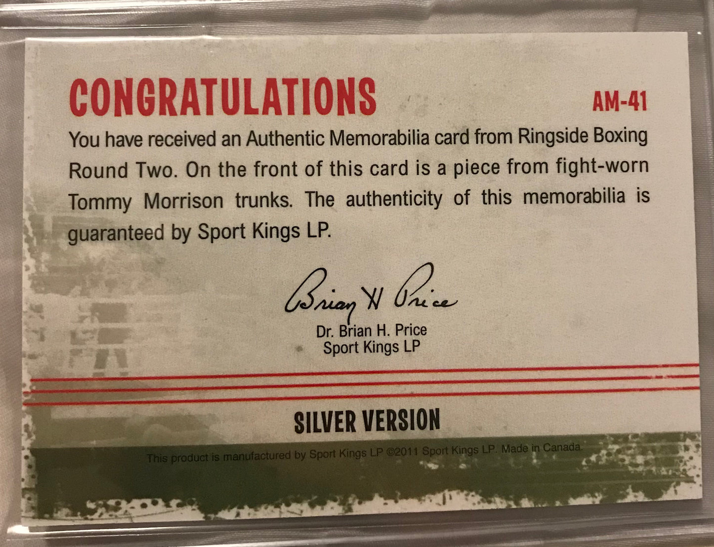 Ringside boxing round 2 Tommy Morrison trunks relic AM-41 /78