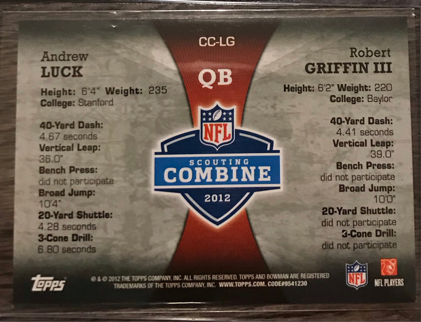 2012 Bowman Scouting Combine Andrew Luck and Robert Griffin III RG3 #CC-LG Rookie card