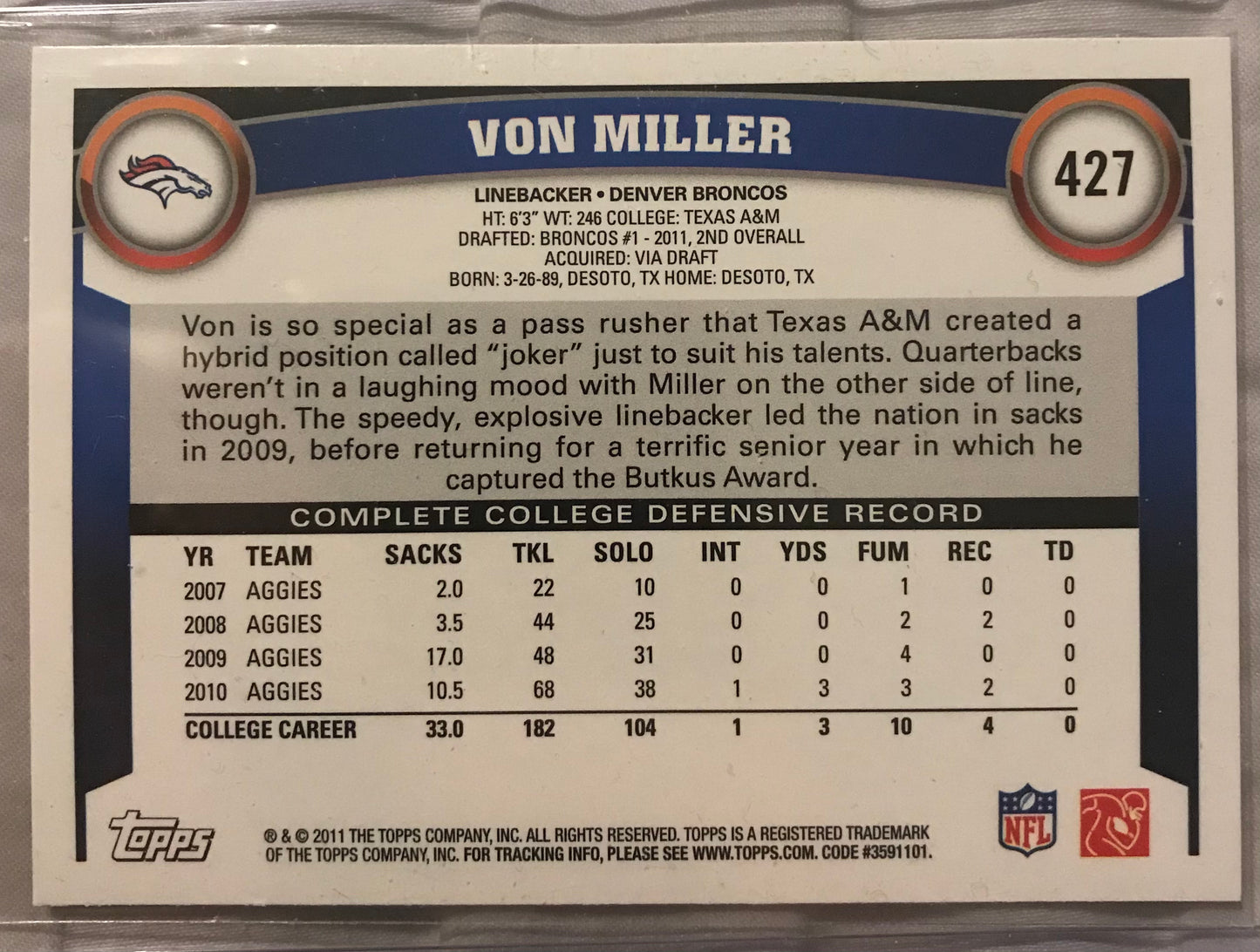 Von Miller 2011 Topps Denver Broncos Rookie Card #427
