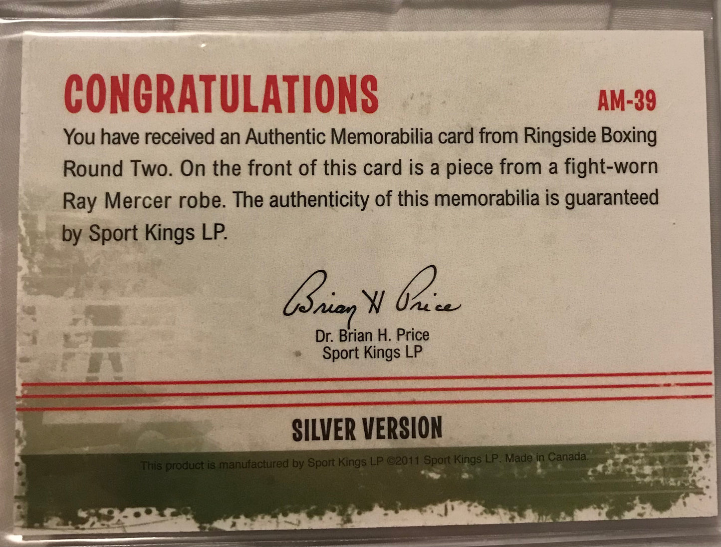 Ringside boxing round 2 Ray Mercer robe relic AM-39 /78