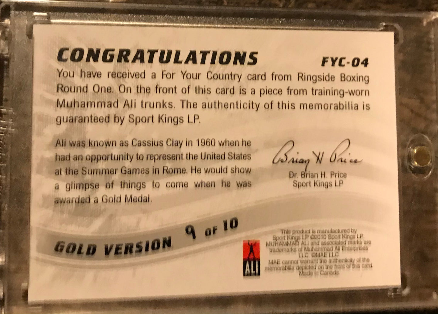 Ringside Boxing Round 1 Gold 9/10 - Muhammad Ali For Your Country “USA” Training worn trunks memorabilia card FYC-04