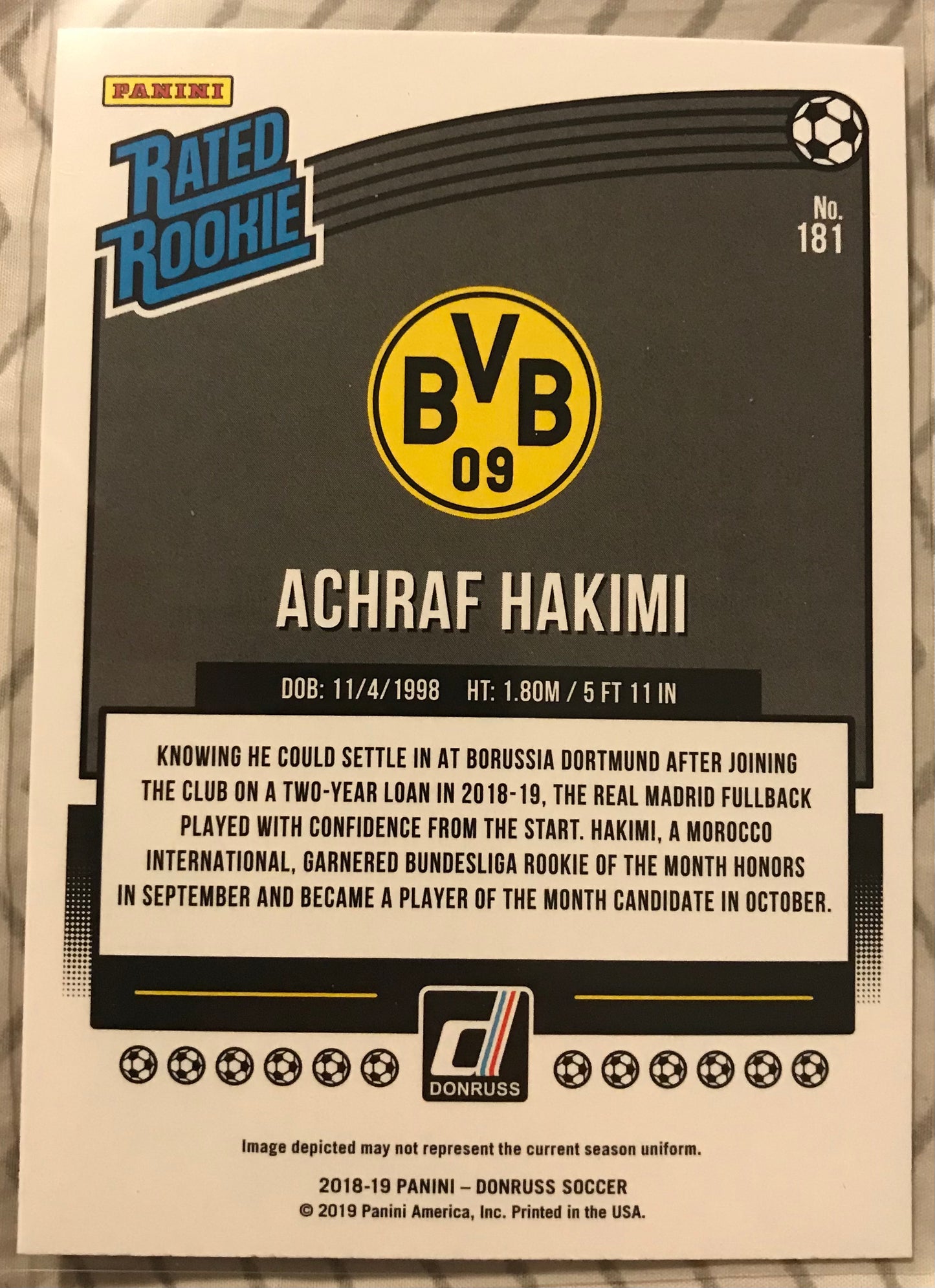 2019 Panini Donruss Soccer Achraf Hakimi (Borussia Dortmund) Rated Rookie #181