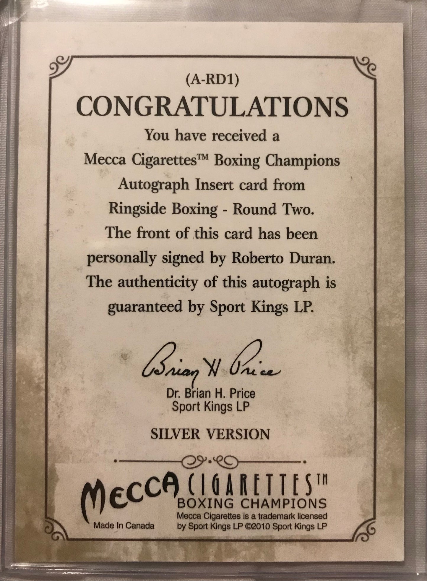 Ringside boxing round 2 Roberto Duran A-RD1 auto /100