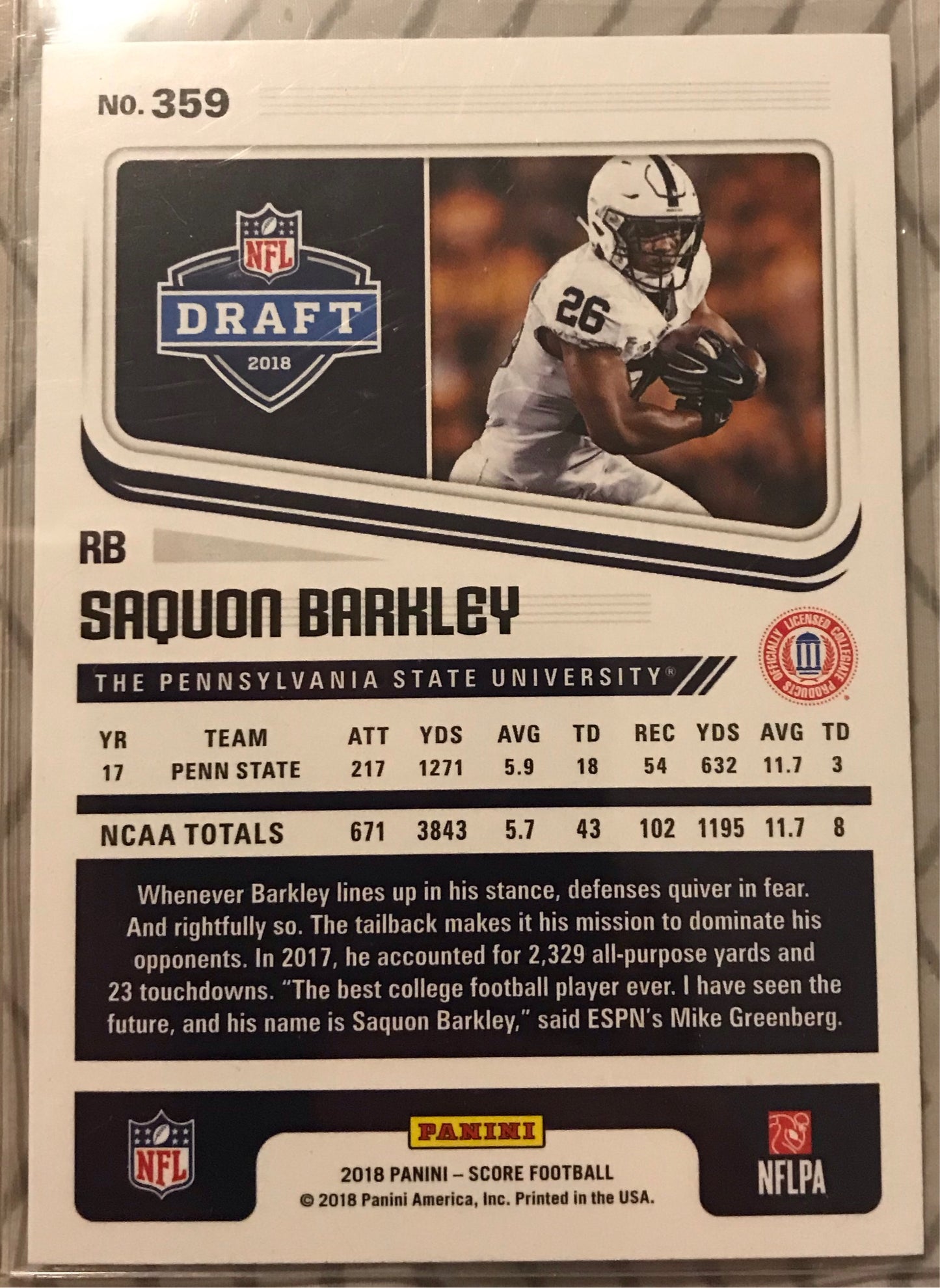Saquon Barkley 2018 Panini Score Rookie Card #359 Penn State New York Giants