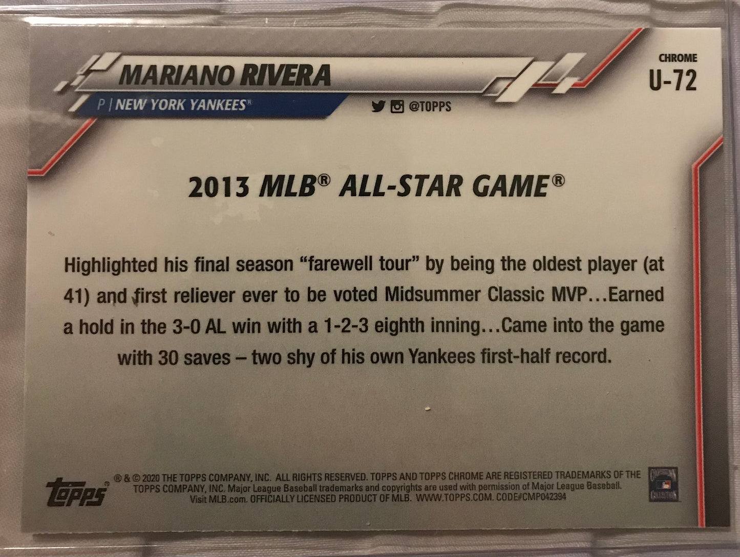 Mariano Rivera 2020 Topps Chrome Update All-Star Game #U-72 New York Yankees