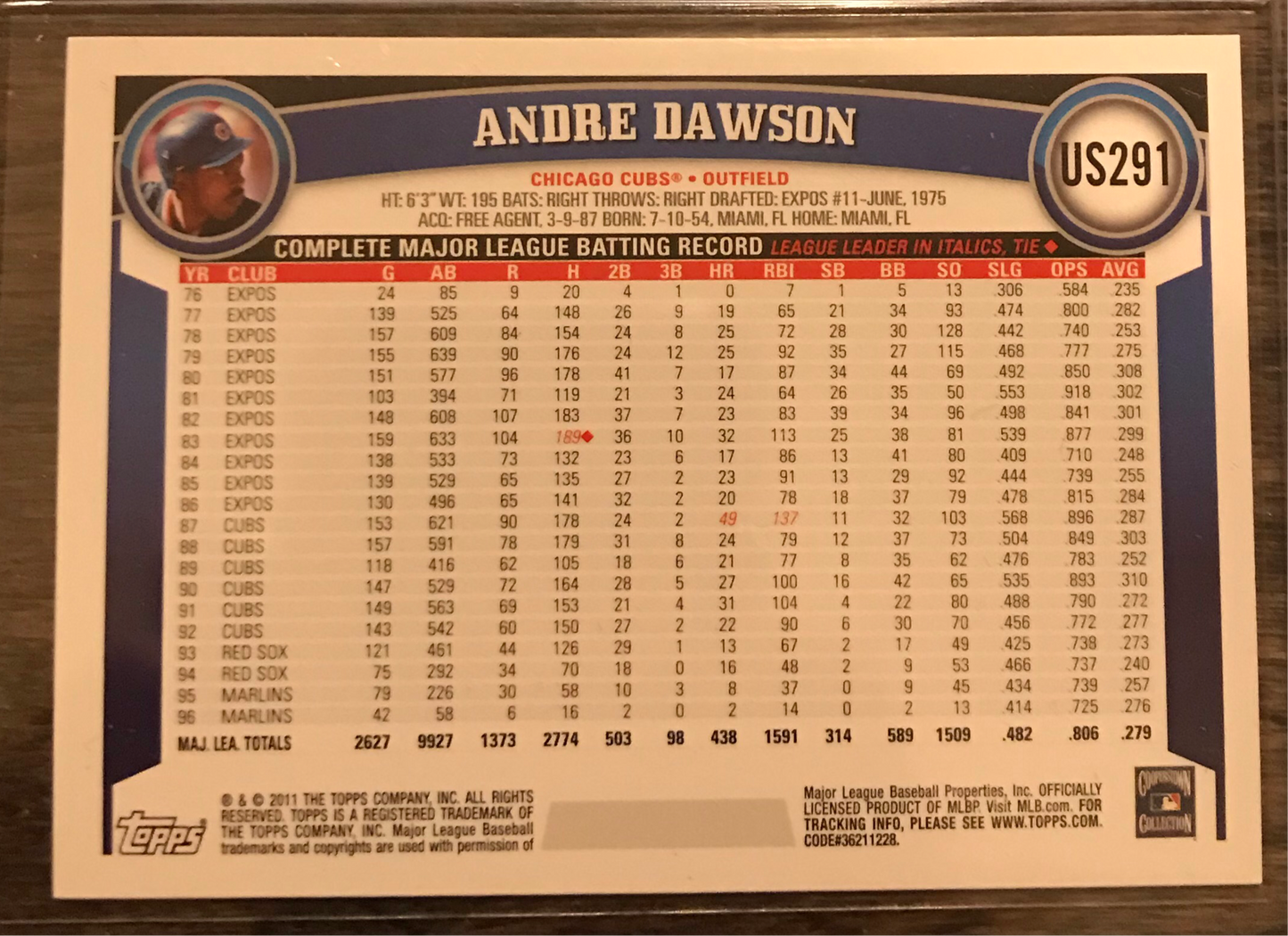 2011 Topps Update Andre Dawson cognac parallel US291