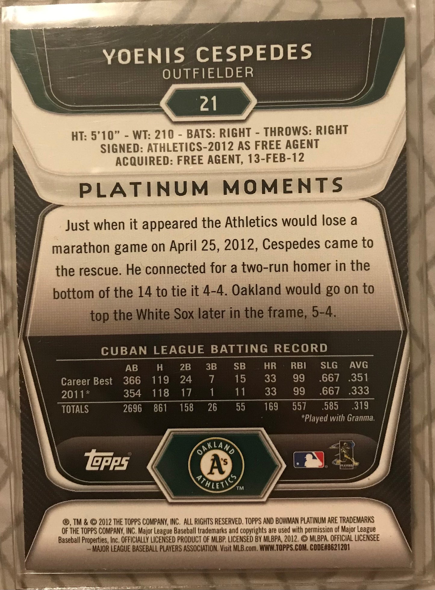 2012 Bowman Platinum RC Rookie Yoenis Cespedes Oakland Athletics #21