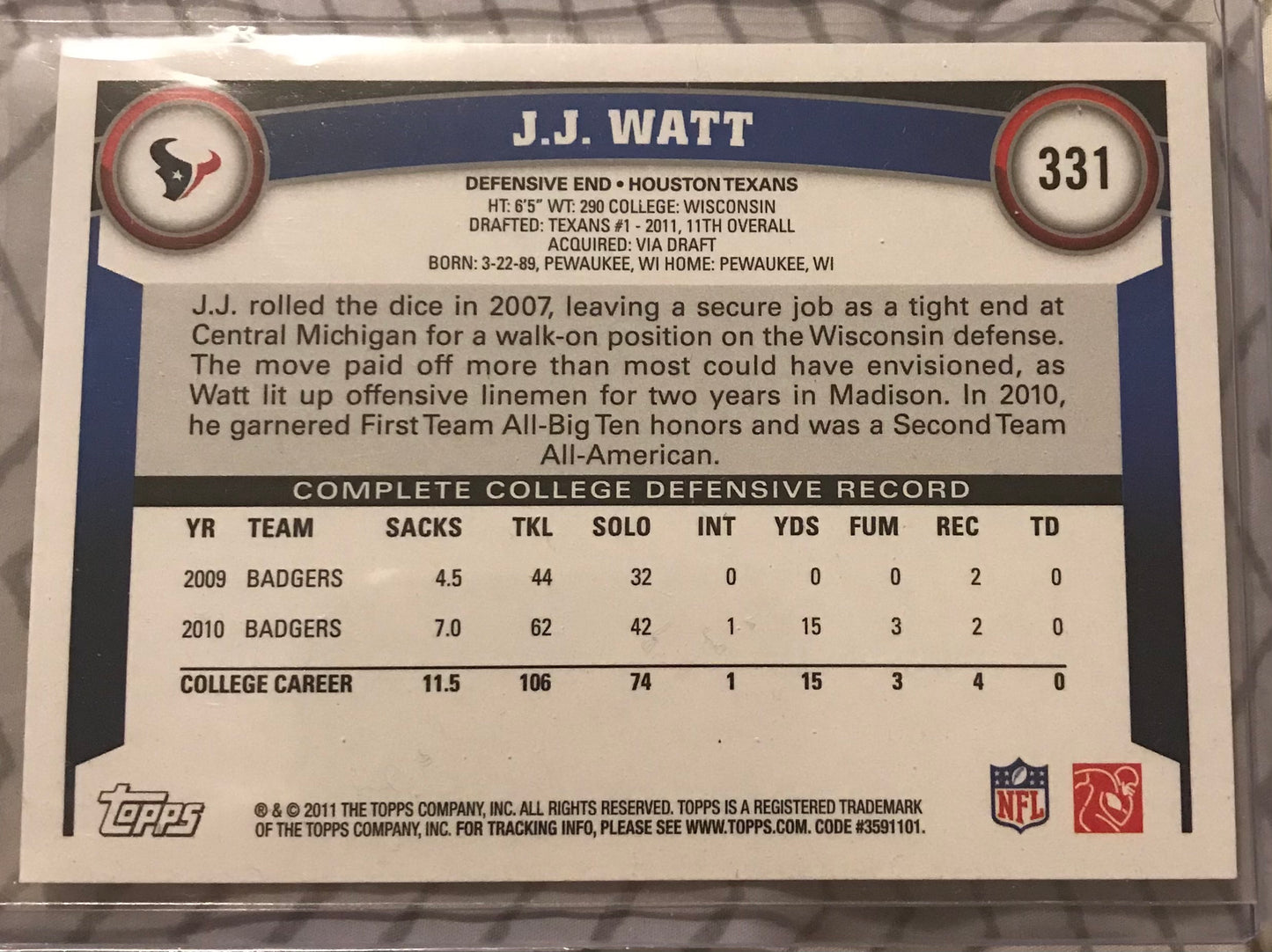 2011 Topps JJ Watt RC Rookie Card #331
