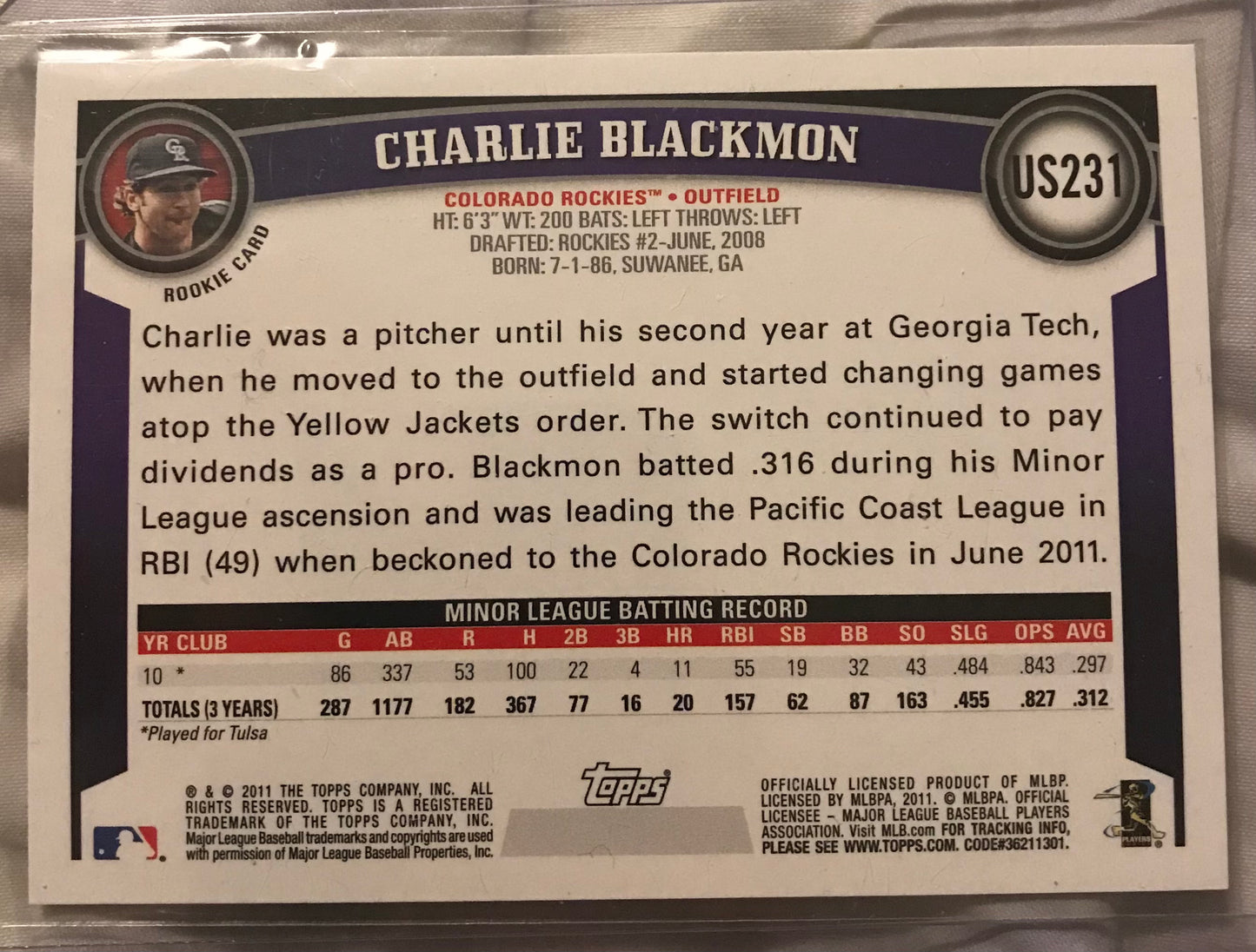 2011 Topps Update Charlie Blackmon #US231 rookie rc