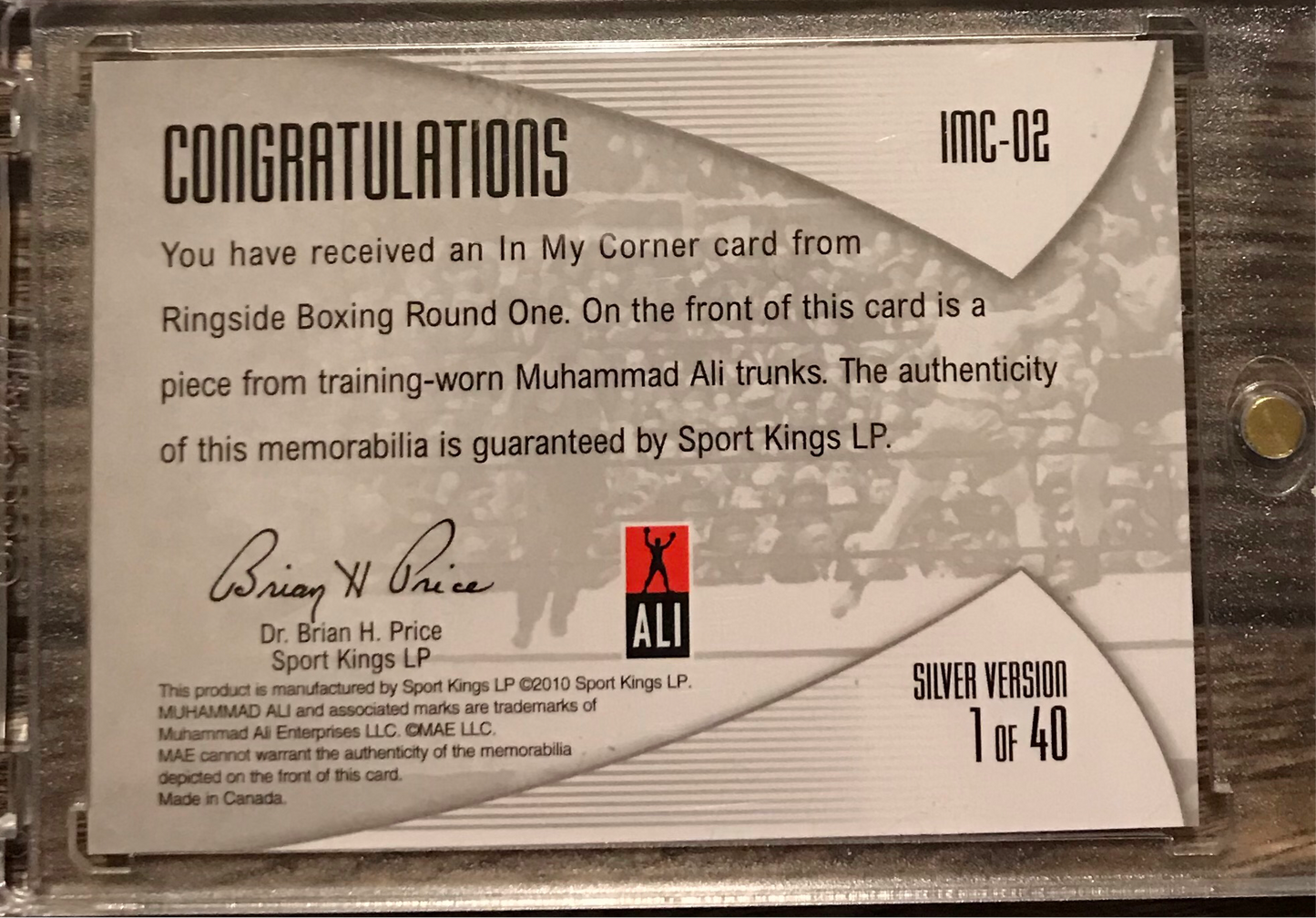 Ringside Boxing Round 1 Silver /40- Muhammad Ali In My Corner Training worn trunks memorabilia card IMC-02