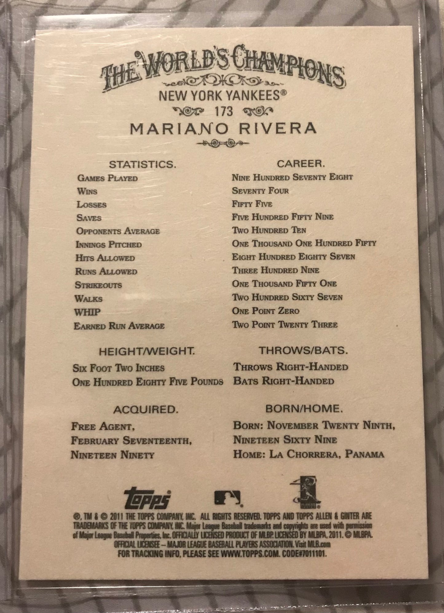 2011 Topps Allen & Ginter Mariano Rivera code parallel #173