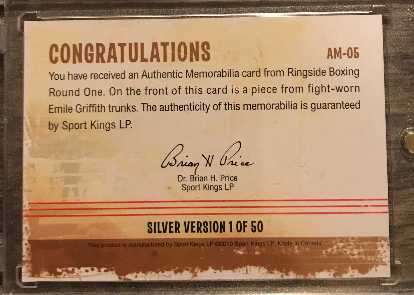 2010 Ringside Boxing Round 1 Emile Griffith Authentic Memorabilia AM-05 Fight worn trunks silver version 1 of 50