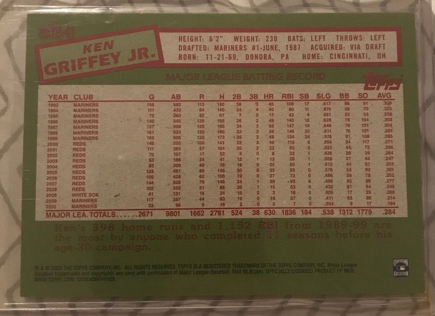 2020 Topps Update KEN GRIFFEY JR. 1985 Topps Insert Seattle Mariners #85TB-41