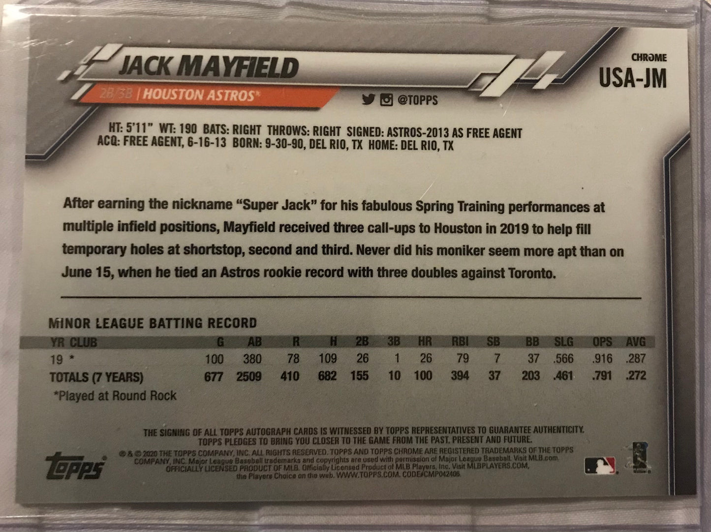 Jack Mayfield 2020 Topps Chrome Update rookie Auto #USA-JM Astros RC Rookie