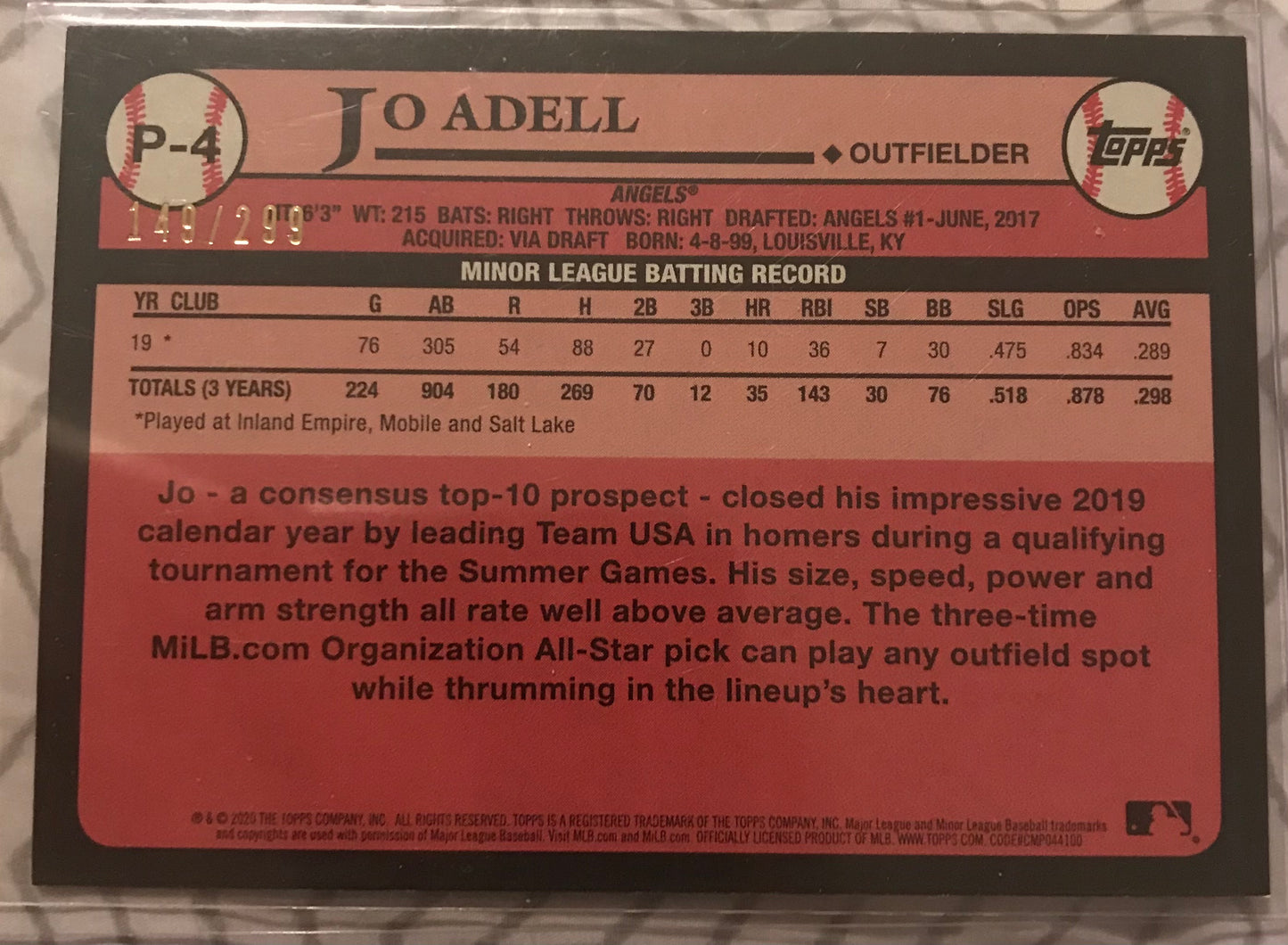 2020 TOPPS UPDATE #1 PROSPECTS P-4 JO ADELL ANGELS BLACK 149/299