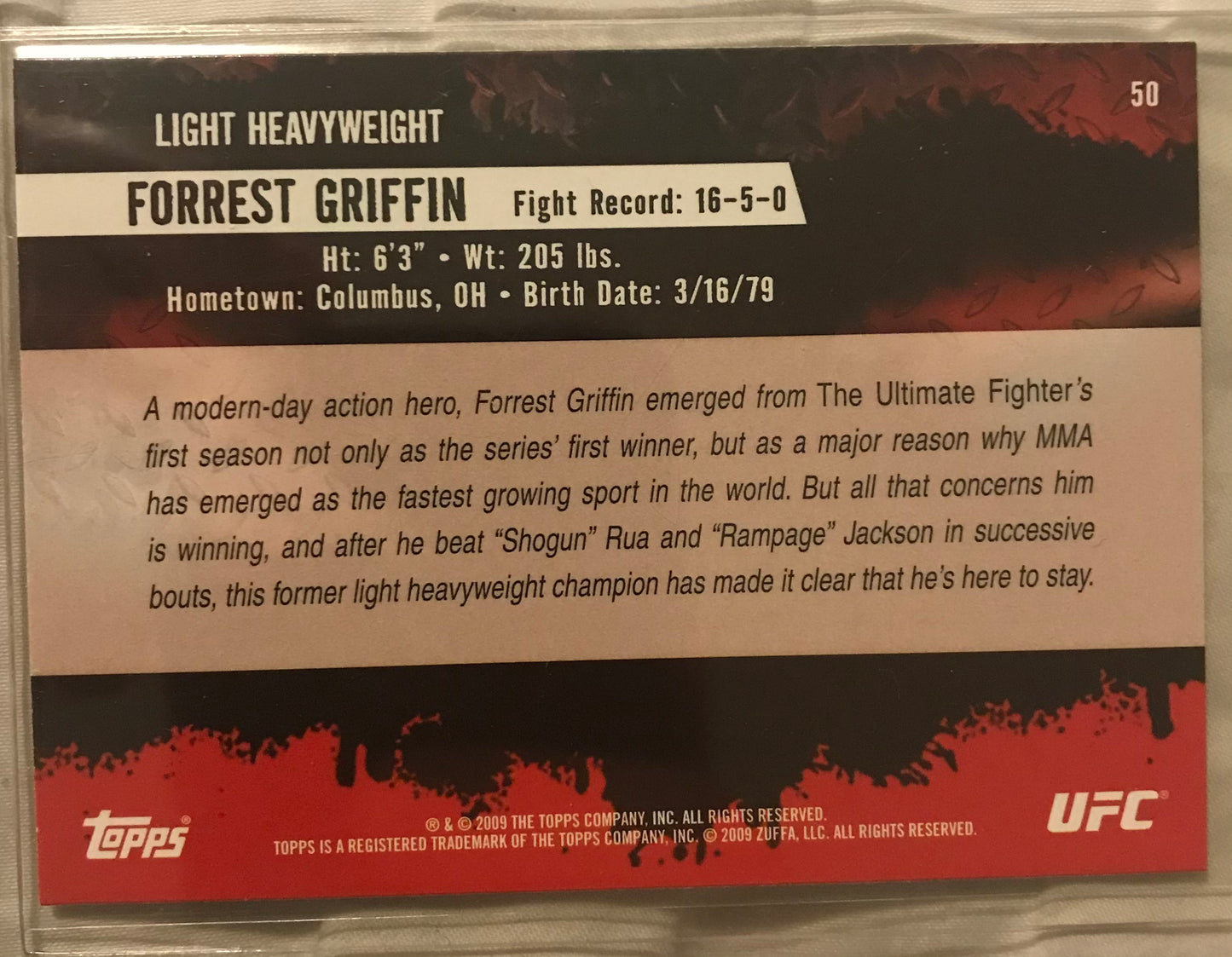 Topps UFC 2009 Round 2- Forrest Griffin #50 rare error missing foil 1/1?