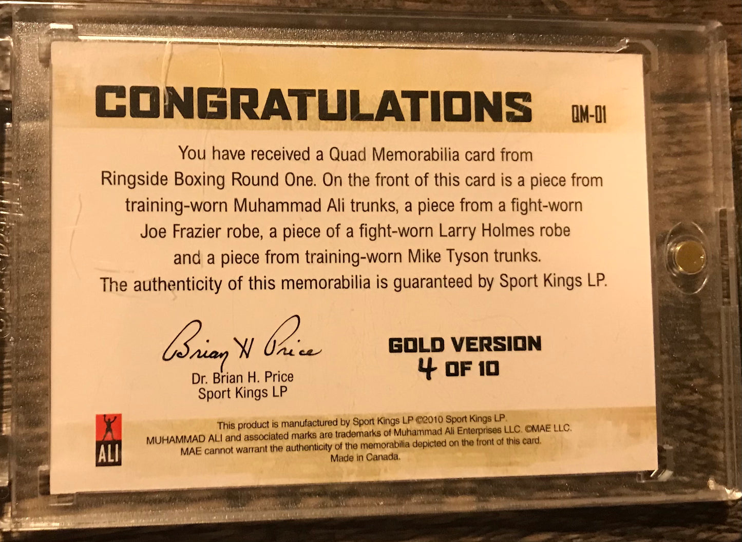 Ringside Boxing Round 1 Gold 4/10 - Mike Tyson/Muhammad Ali/Larry Holmes/Joe Frazier quad memorabilia