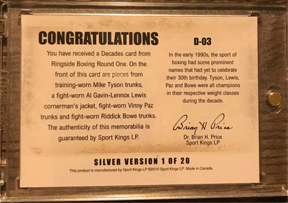 Ringside Boxing Round 1990s Decades Silver /20 - Mike Tyson/Lennox Lewis/Vinny Paz/Riddick Bowe quad relic