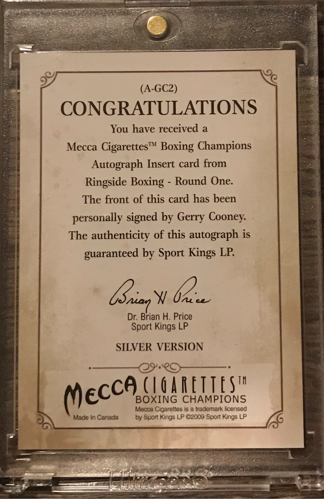 2010 Ringside Boxing Round 1 Gerry Cooney Autograph A-GC2 silver version 1 of 90