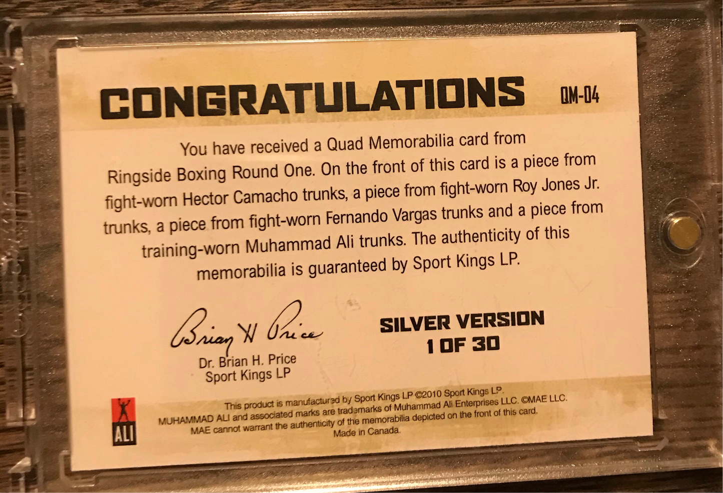 Ringside Boxing Round 1 Quad Memorabilia Silver /30 - Muhammad Ali/Roy Jones Jr./Hector “Macho” Camacho/Fernando Vargas  QM-04