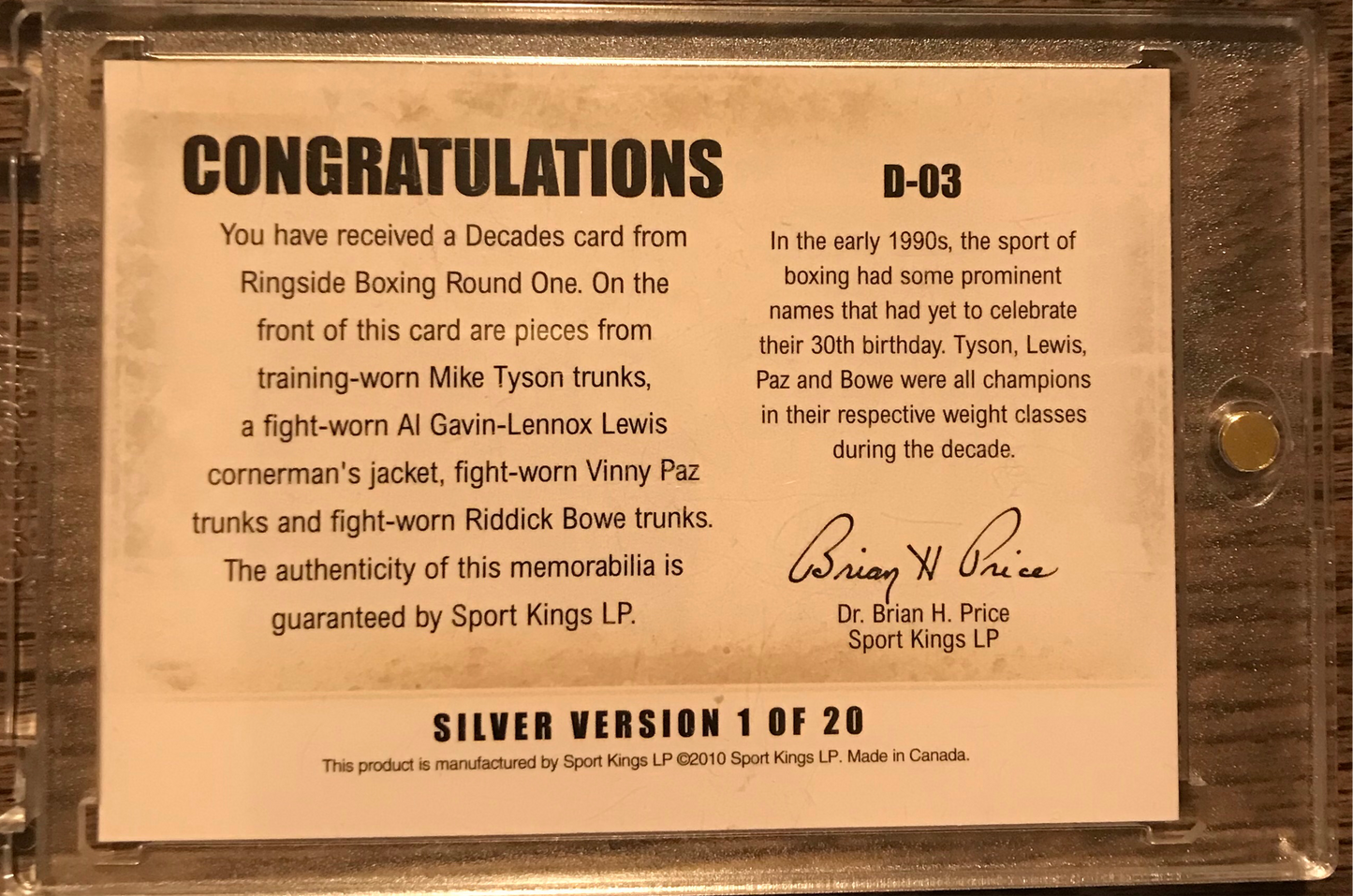 Ringside Boxing Round 1990s Decades Silver /20 - Mike Tyson/Lennox Lewis/Vinny Paz/Riddick Bowe quad relic